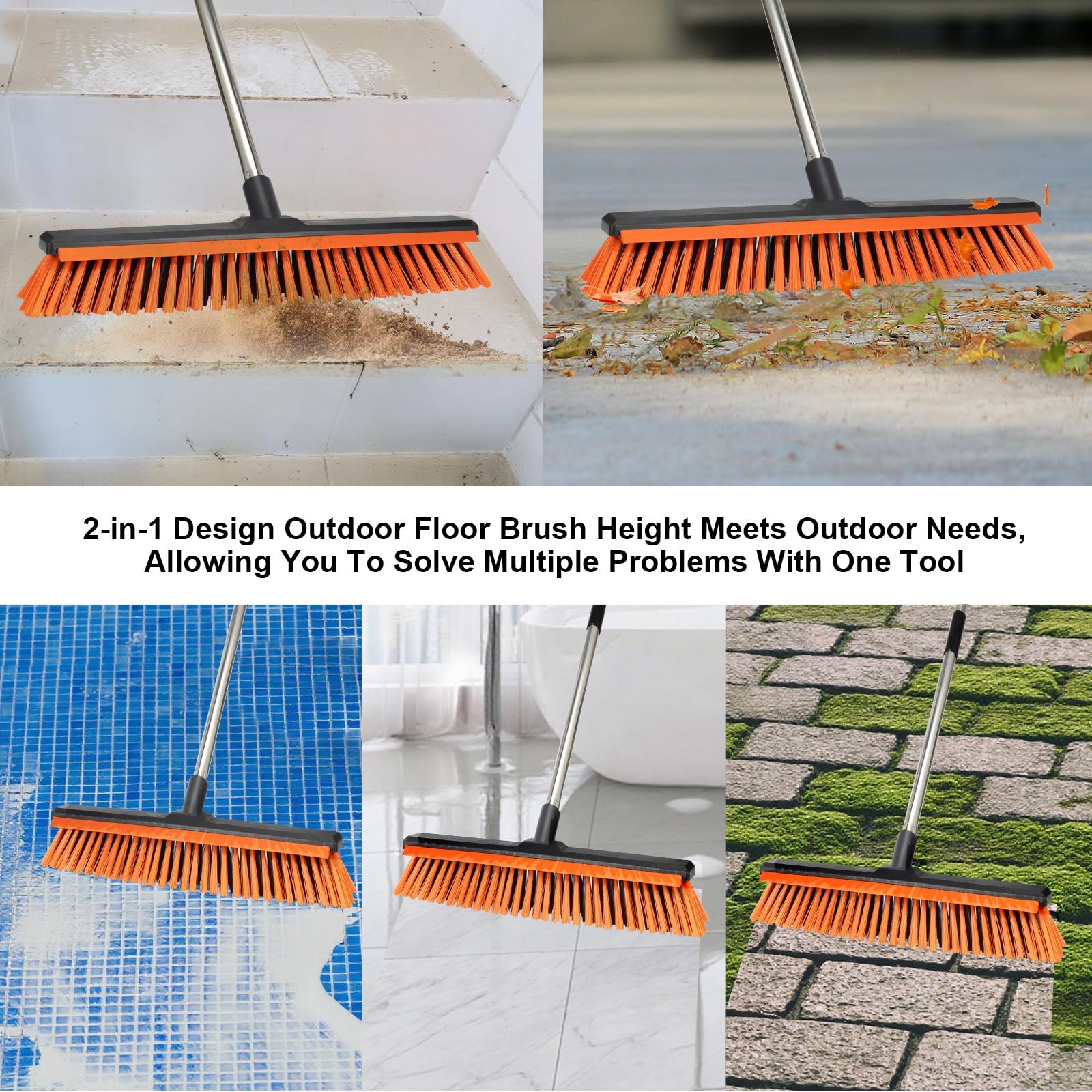 18″ Push Broom Outdoor with Squeegee,Heavy Duty Broom Brush with Handle,Stiff