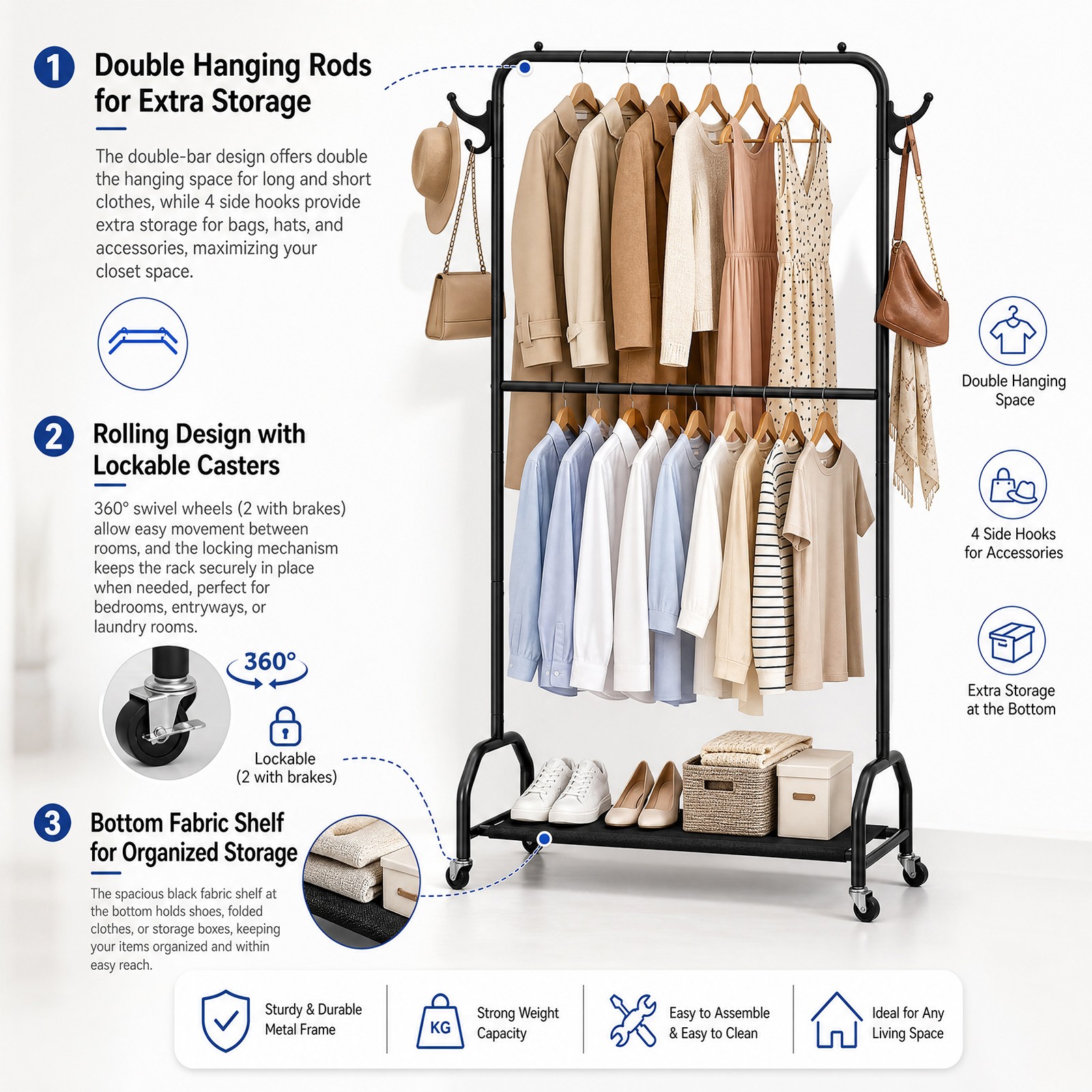 Double Rod Hanging Clothes Rack Oxford Cloth Bottom Shelf Shoe Organizer