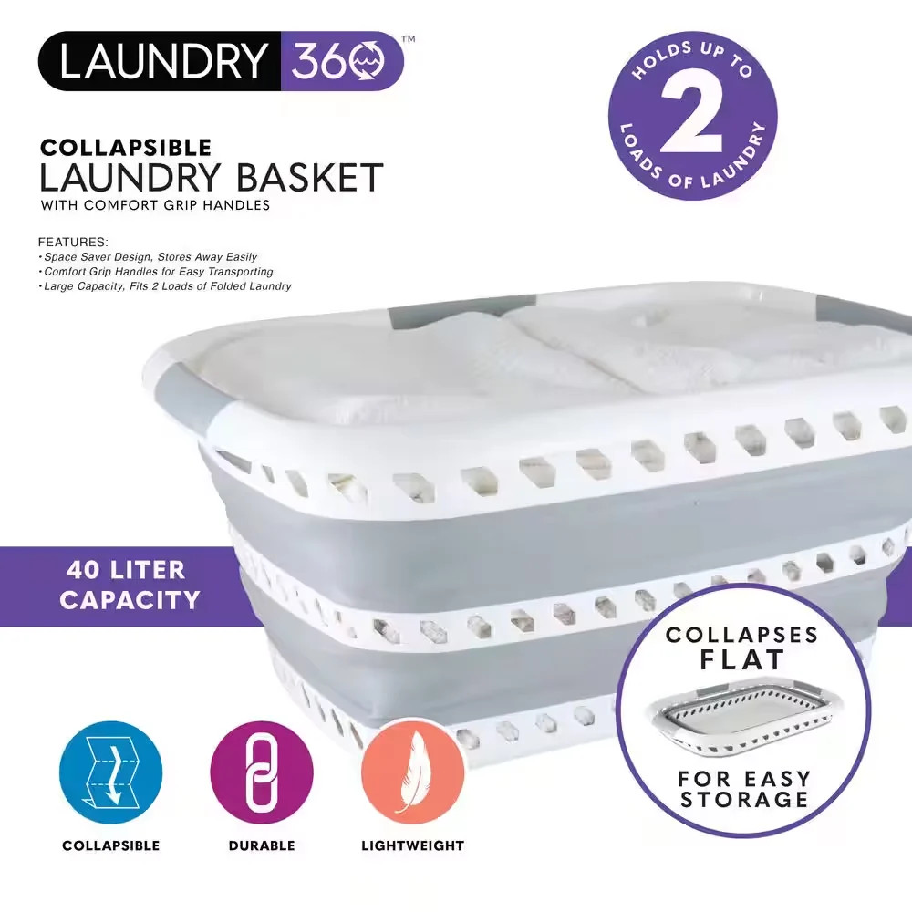 Laundry 360 Collapsible Laundry Basket White Grey Foldable Storage 27217