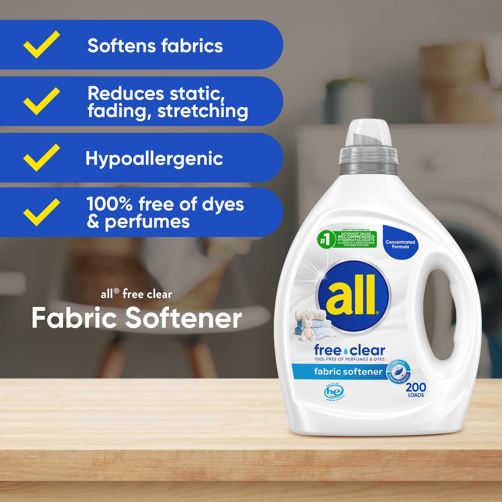 All Free Clear Liquid Fabric Softener for Sensitive Skin, 80 Oz, 200 Loads