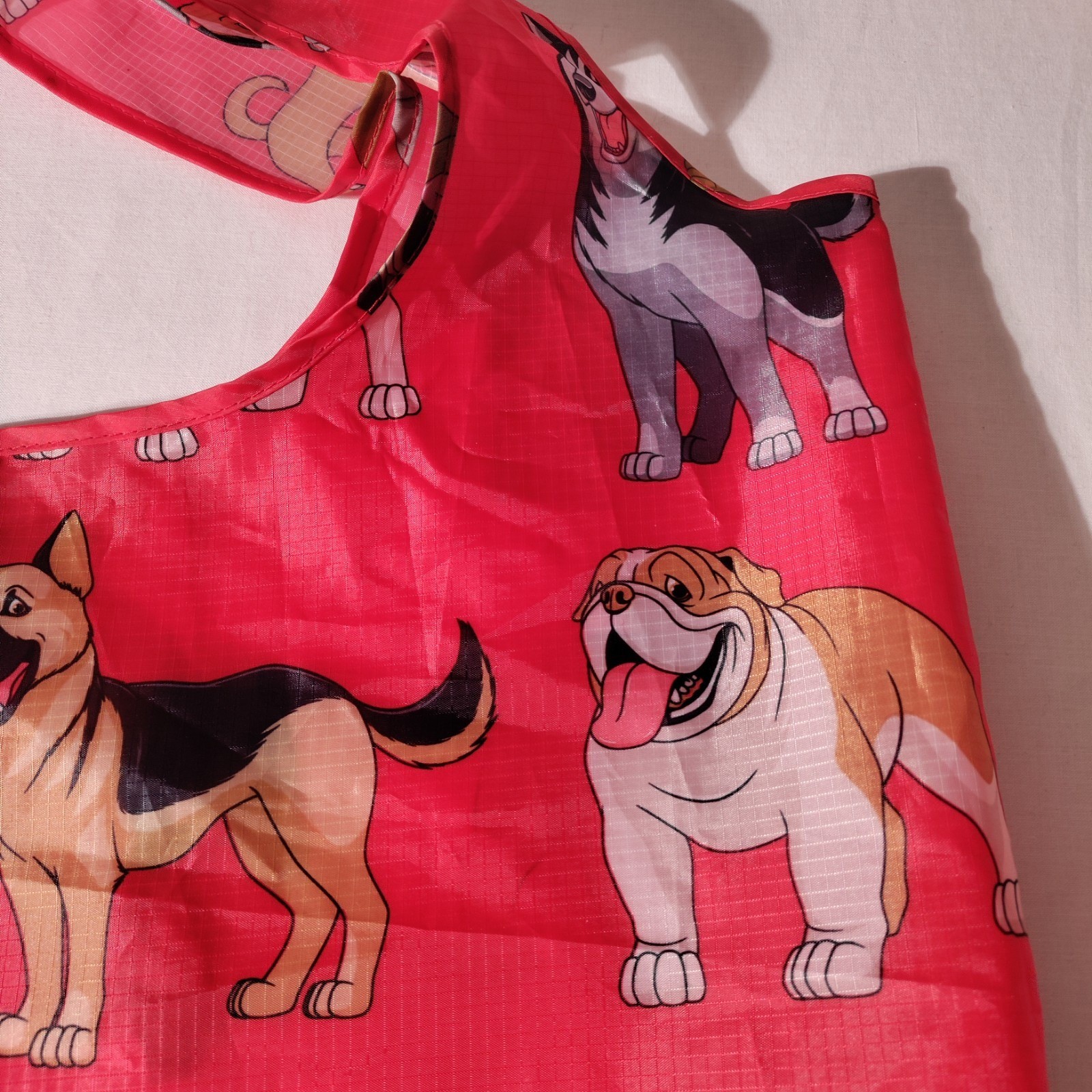 BeeGreen Reusable Nylon Shopping Tote Red Bag with Dogs All Over