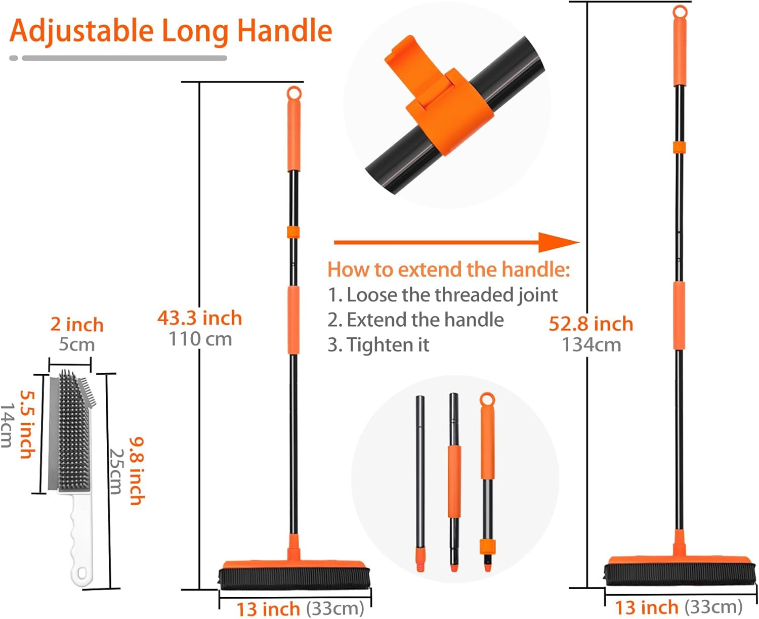 Rubber Broom Carpet Rake for Pet Hair Remover, Fur Removal with Squeegee, Portab
