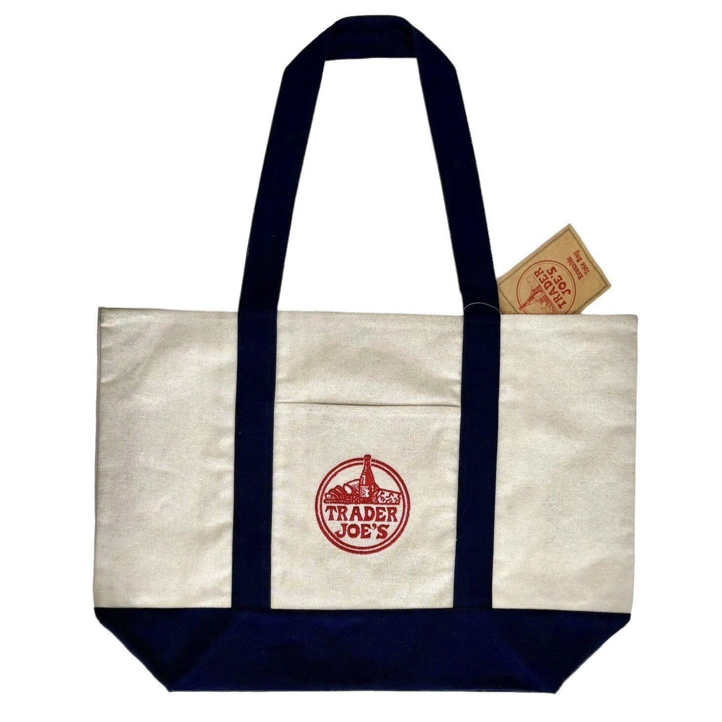 Trader Joes Reusable Canvas Tote Shopping Bag Navy Blue Cream Eco Heavy Duty NWT