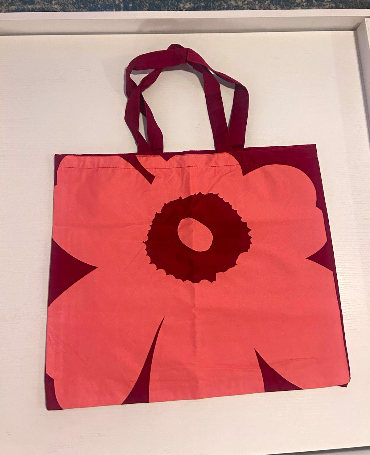 Marimekko Floral Cotton Tote Bag Red Pink Reusable 17.5x18in