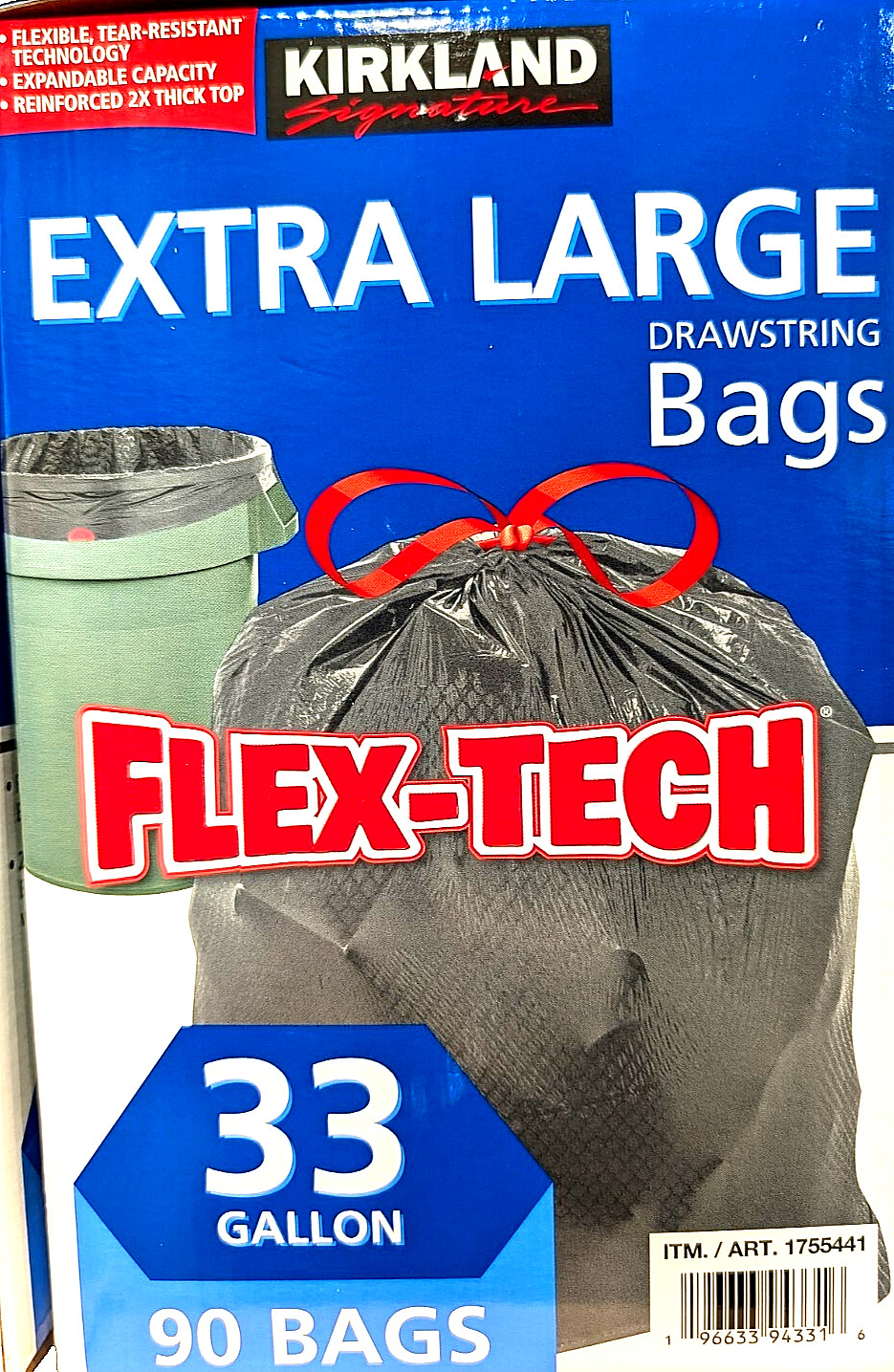 Kirkland Signature Flex-Tech Extra Large Drawstring Bags 33 Gal 90 Bags