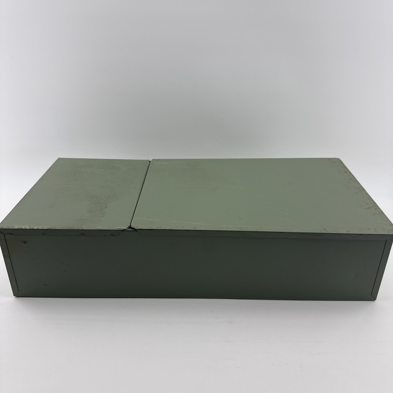 Vintage X-10 Light Green Metal Storage Box 21.5x10x5 Slide Lid