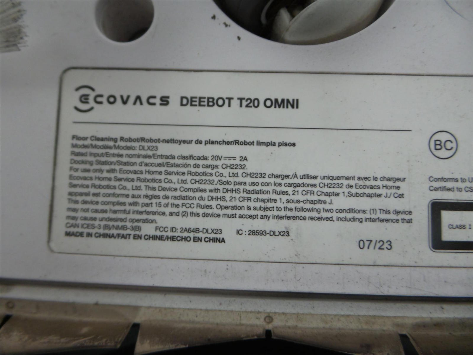 ECOVACS DEEBOT T20 Omni (DLX23) Robot Vacuum, Robot ONLY
