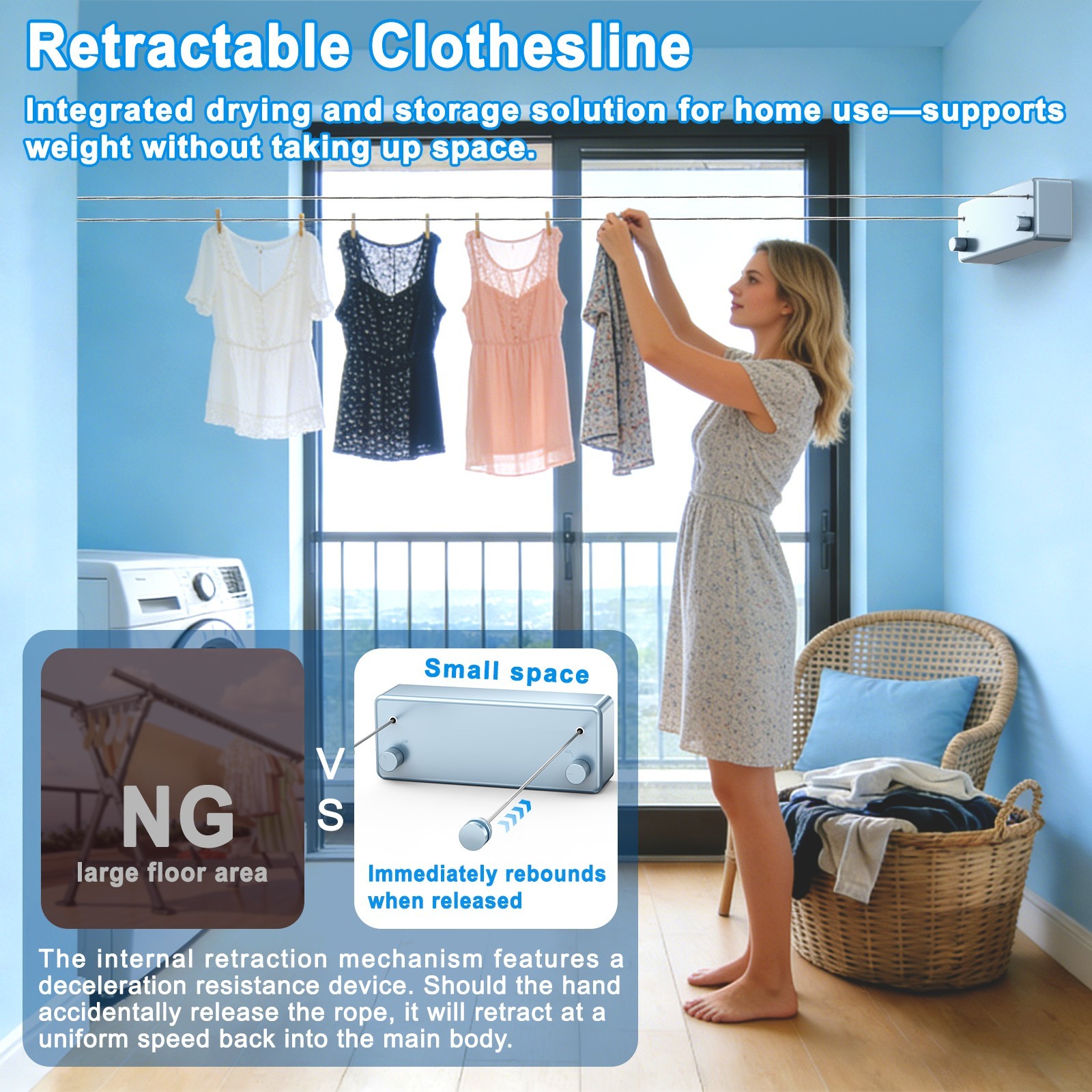 Retractable Clothesline 304 Stainless Steel 33lb Load Indoor/Outdoor Wall Mount