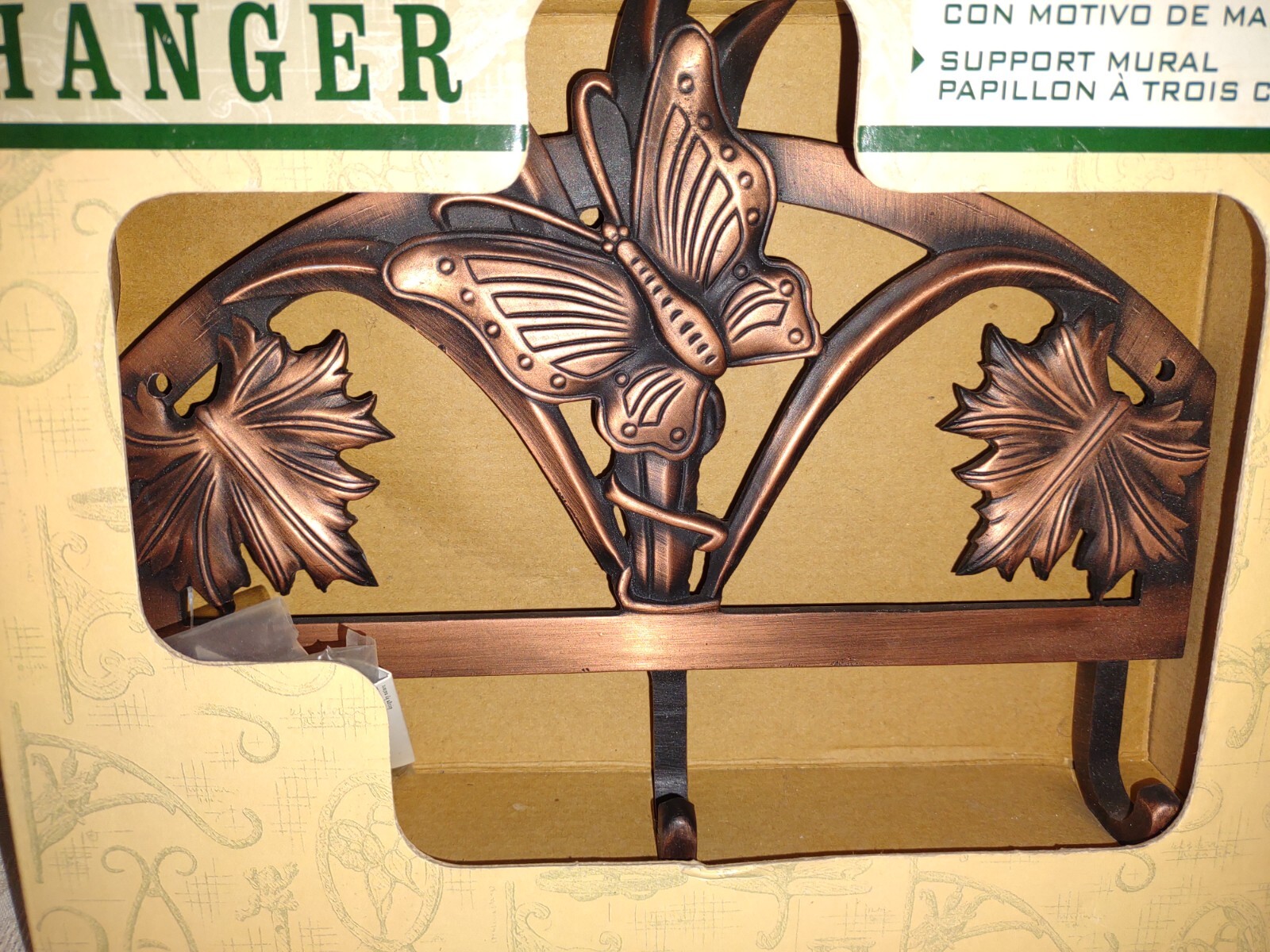 Hayes Butterfly Flower 3 Hook Wall hanger Antique Copper Metal NEW # 78156 10″