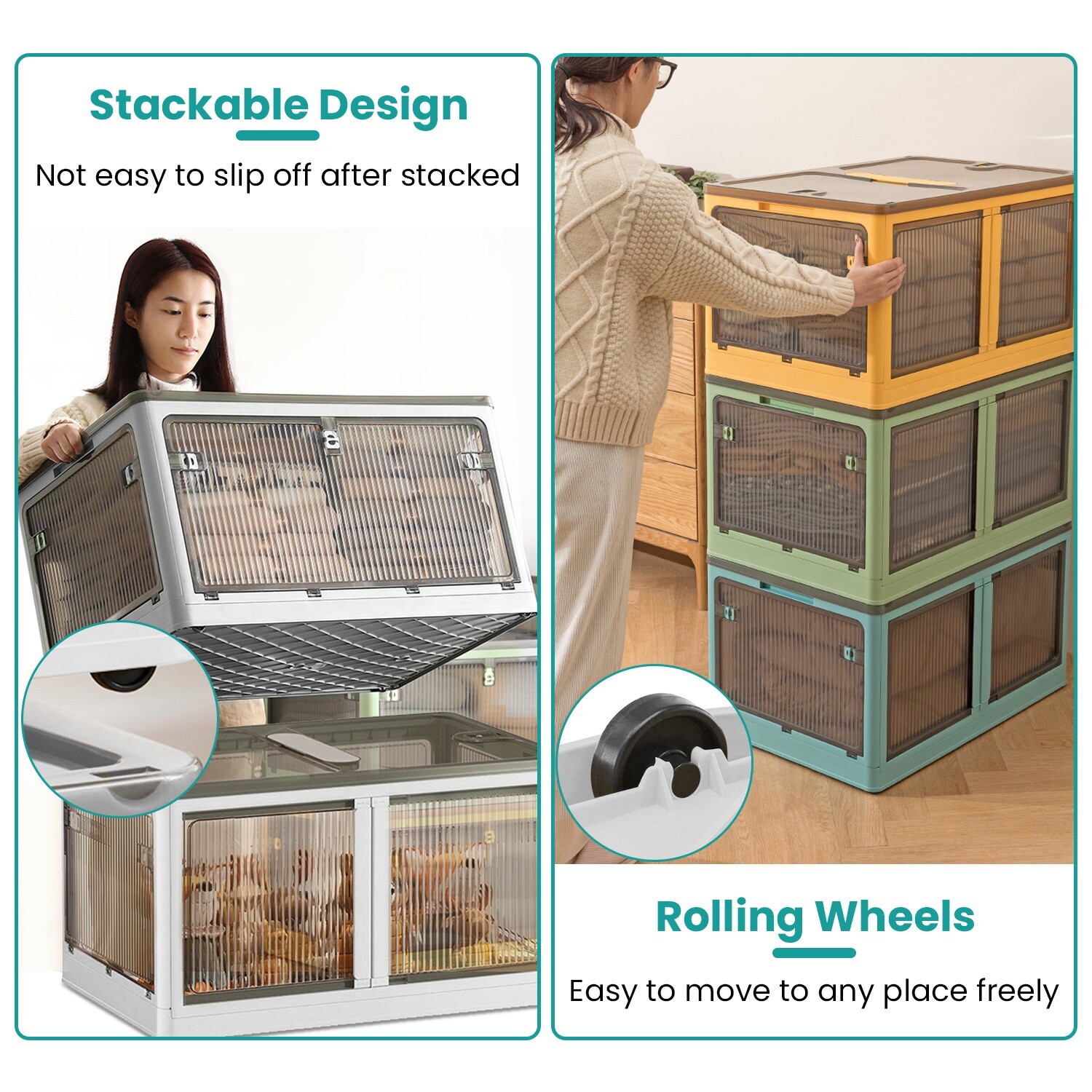 3 Pack Collapsible Storage Bins w/ Lids 4 Wheels Doors Lock Stackable Closet Box