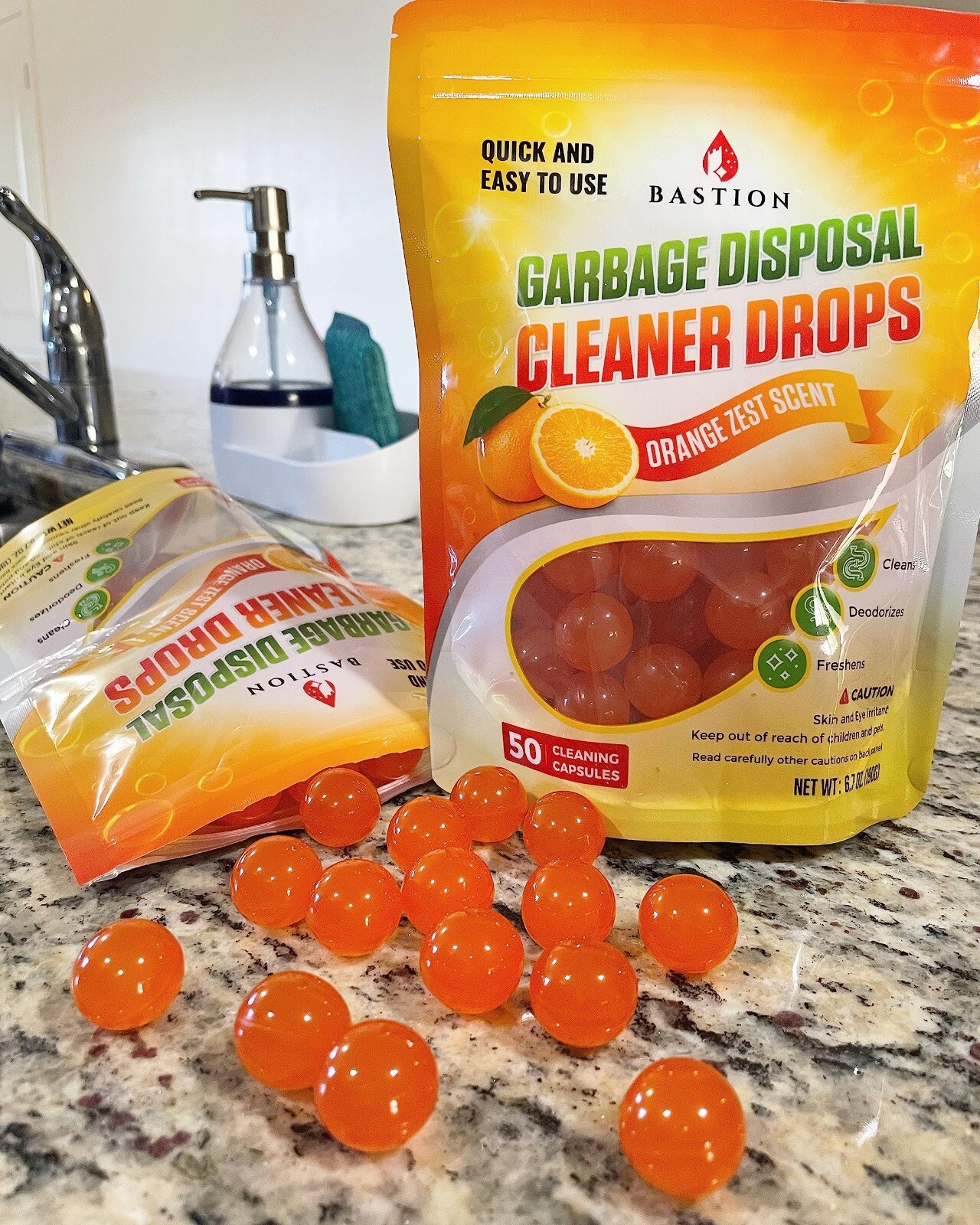 Garbage Disposal Cleaner and Deodorizer Drops by Bastion Orange Zest Scented