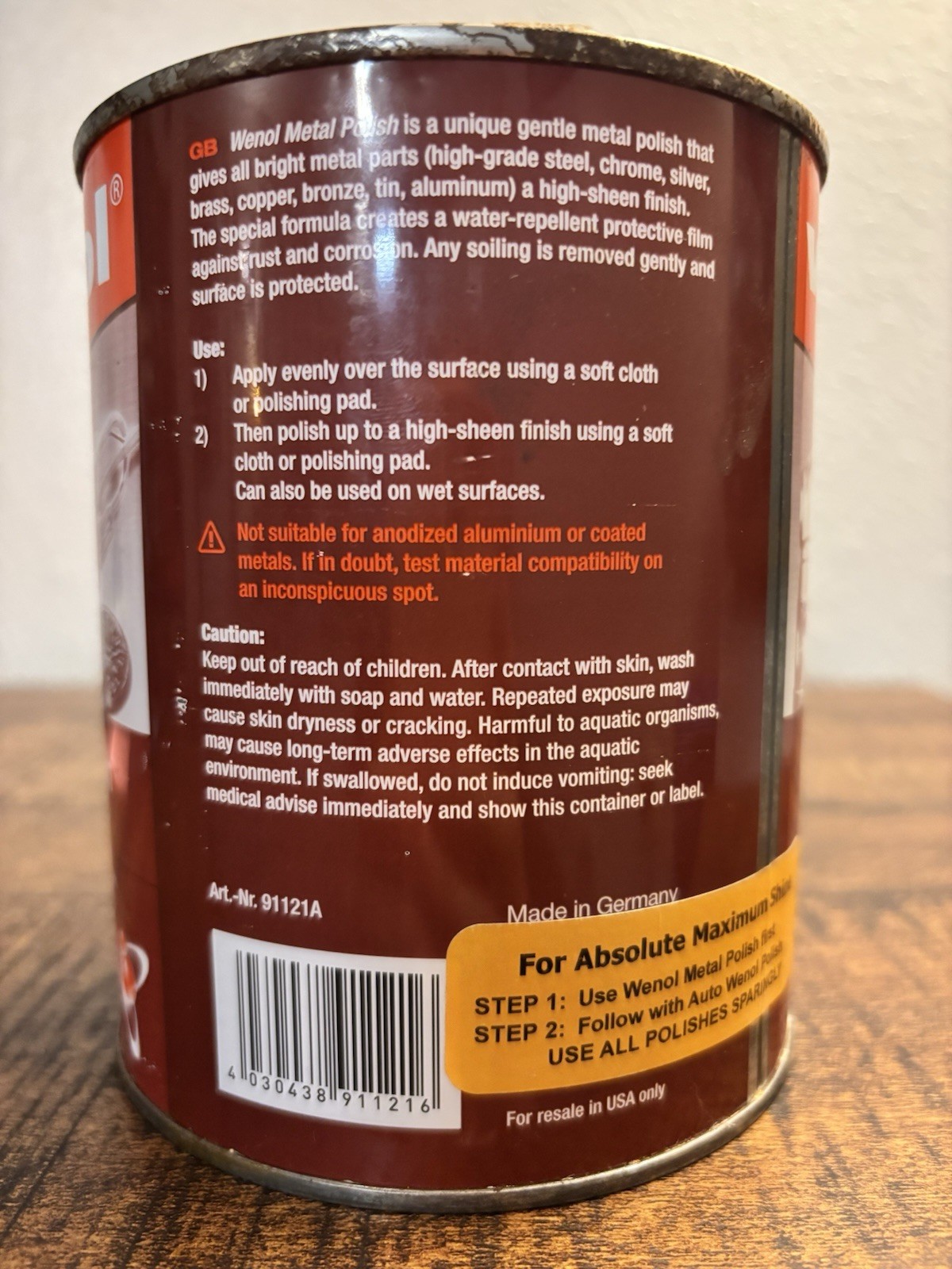 Wenol Metal Polish Gloss Formula Can – 1000ml- Never Opened-Vintage Tin 2000’s