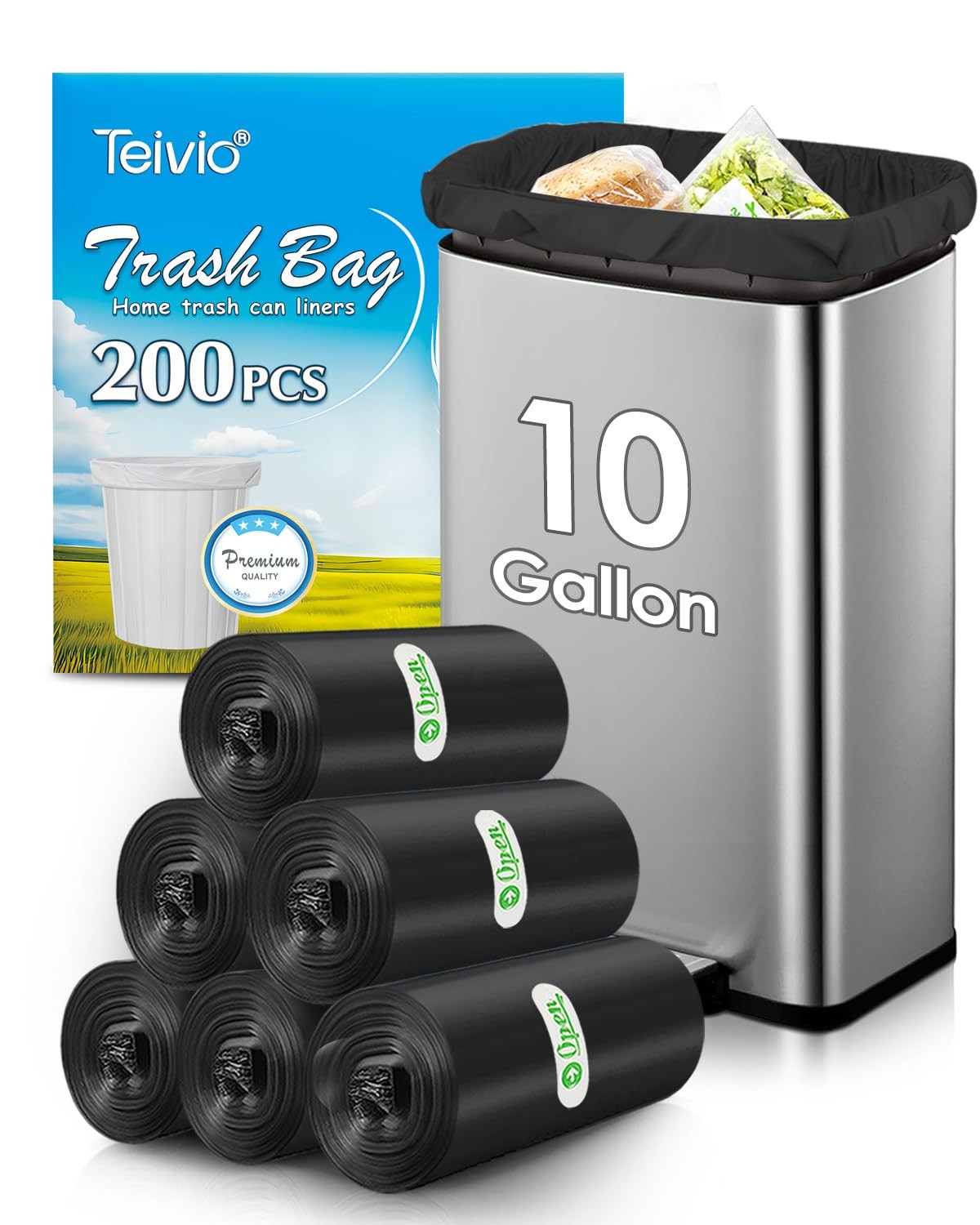 10 Gallon 200 Counts Extra Strong Trash Bags Tall Kitchen Garbage Bags by Tei…