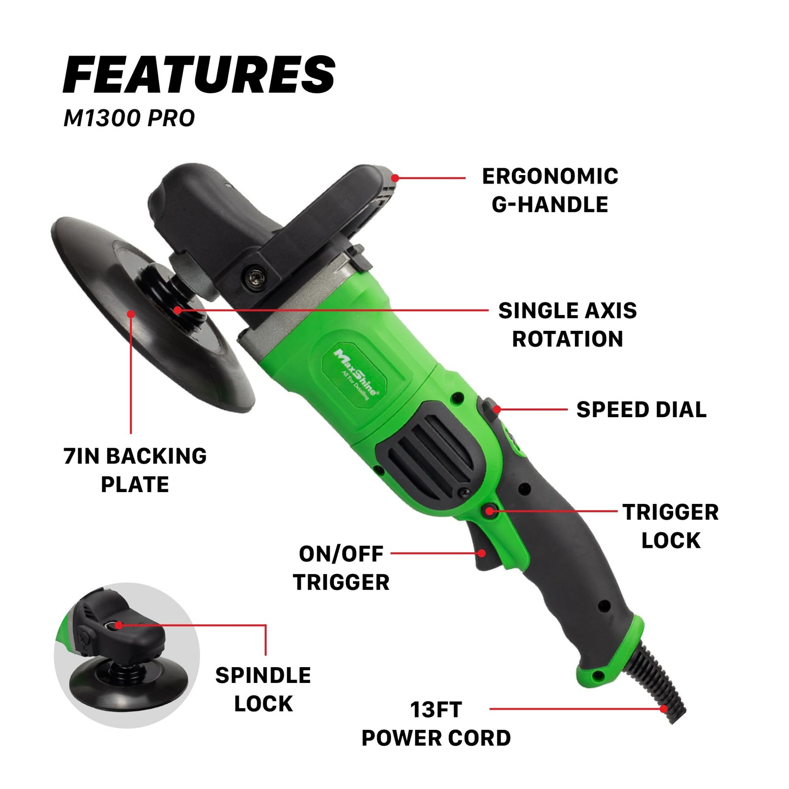 Maxshine M1300 Pro Rotary Polisher – 7” 1300W Car Buffer Removal, Glossy Shine