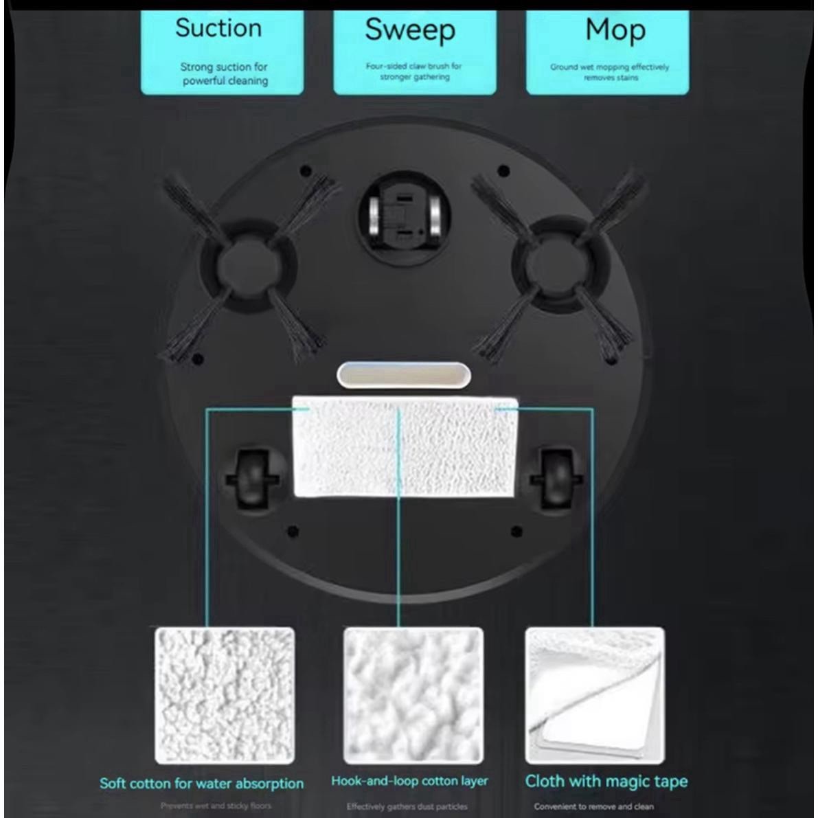 Cordless Robotic Vacuum Cleaner Mop, Black Bagless w/ Mop Pad USB Cable