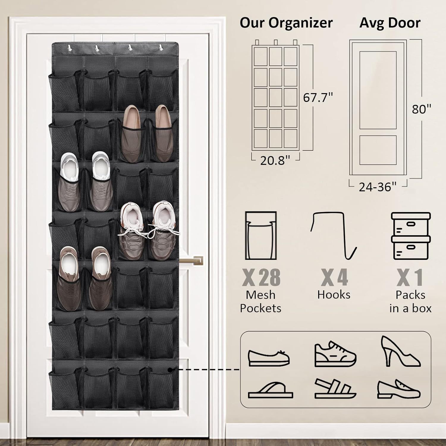 28 Pocket Over Door Shoe Organizer Rack Hanging Storage Holder Hanger Bag Closet