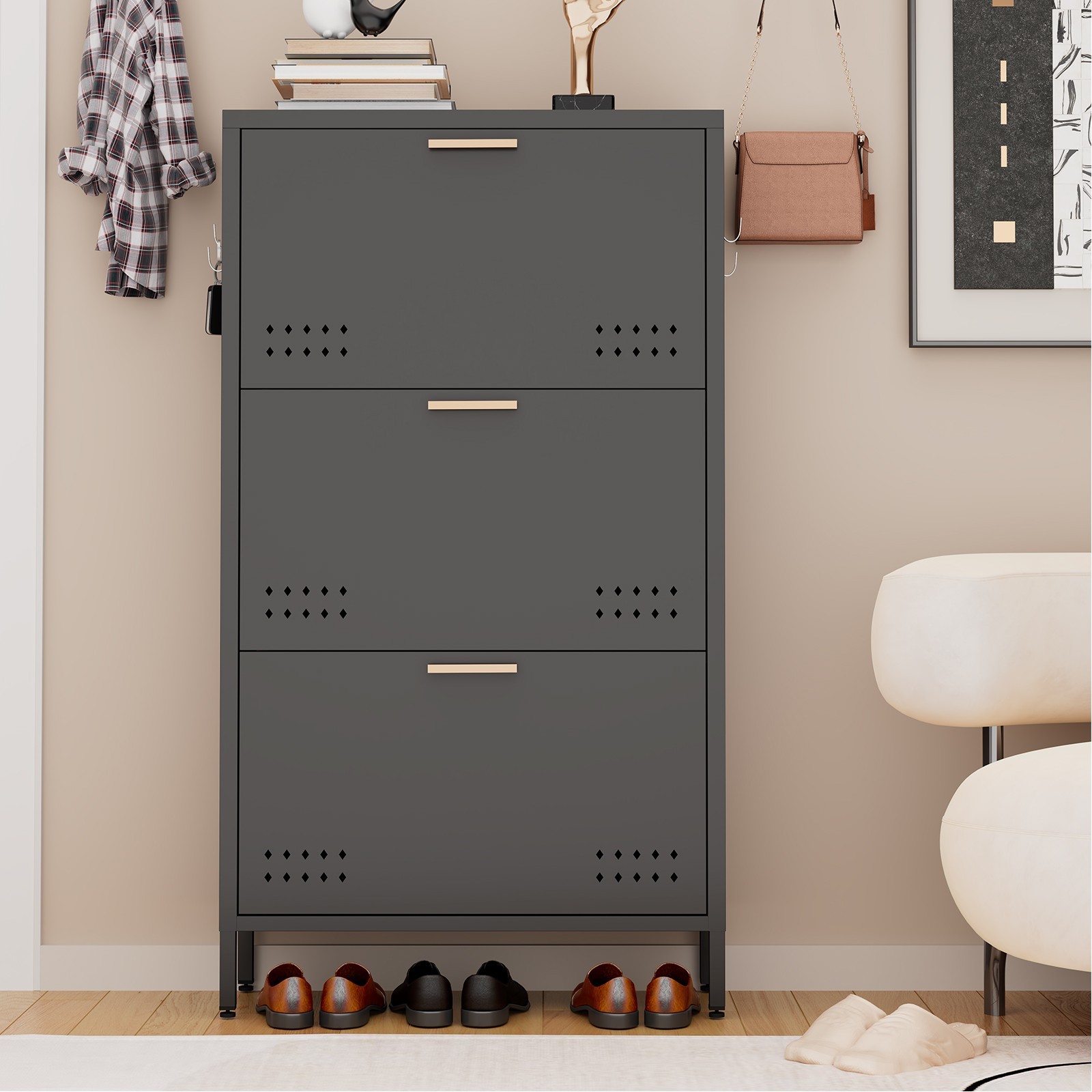 Shoe Cabinet with 3 Flip Drawers, Hidden Metal Shoe Cabinet for Entryway Hallway
