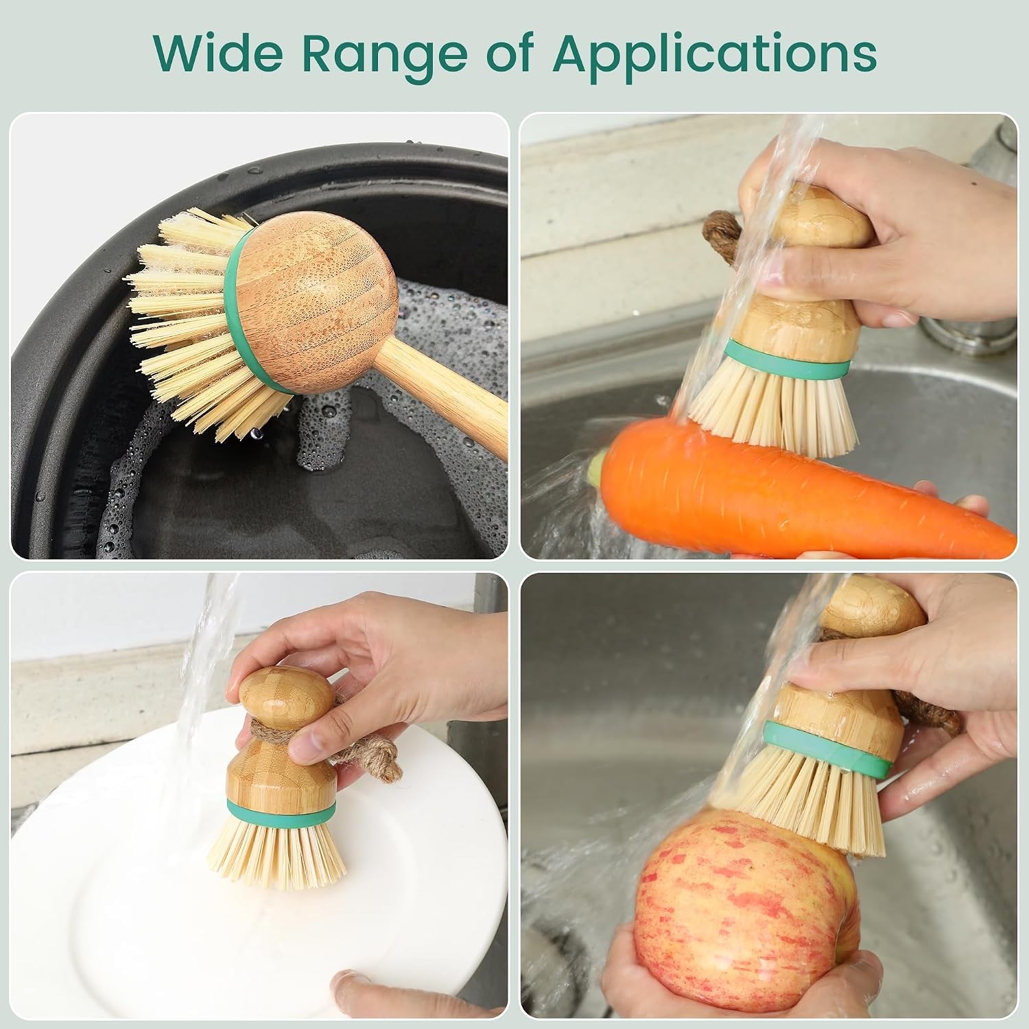 Set of 3 Bamboo Dish Scrub Brushes Wooden Handle Stiff Bristles Scrubbers for