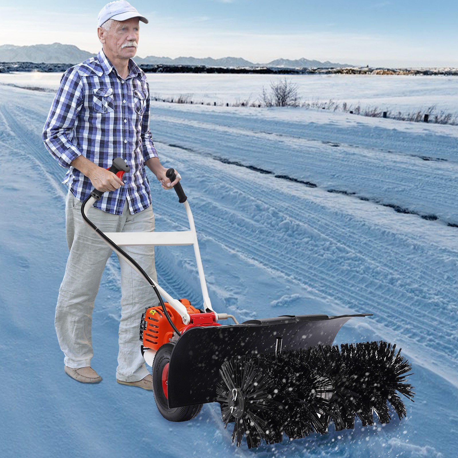 Walk Behind 52cc Power Broom Snow Driveway Sweeper Cleaner Artificial Grass USA~