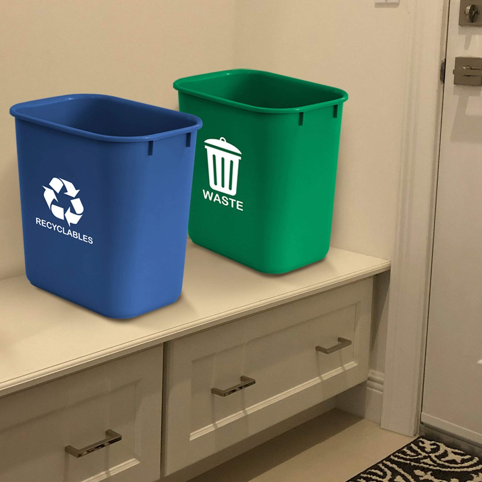 2 PCS 6.75 Gallon Green Blue Plastic Trash Can Wastebasket Recycling Waste Bin