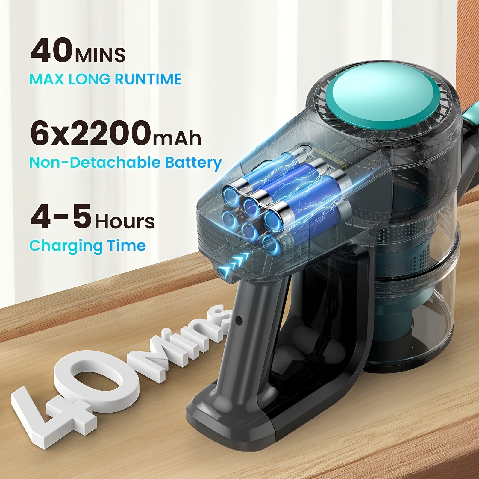 2200mAh POWEART N3 Cordless Vacuum Cleaner for home, Powerful LED Floor Brush Va