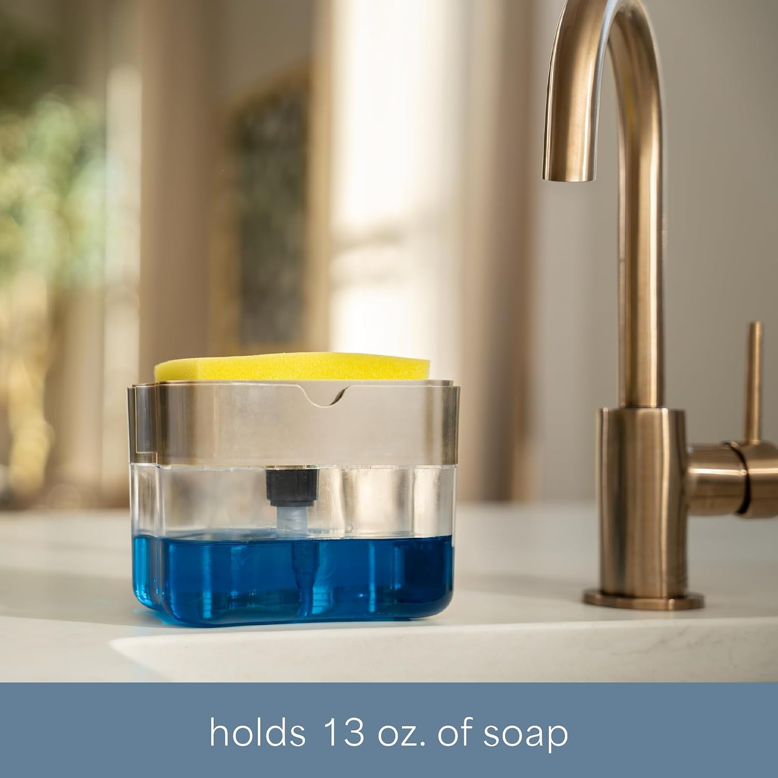 Dish Soap Dispenser and Sponge Holder, Metallic Silver | Holds 13 Fluid Ounces