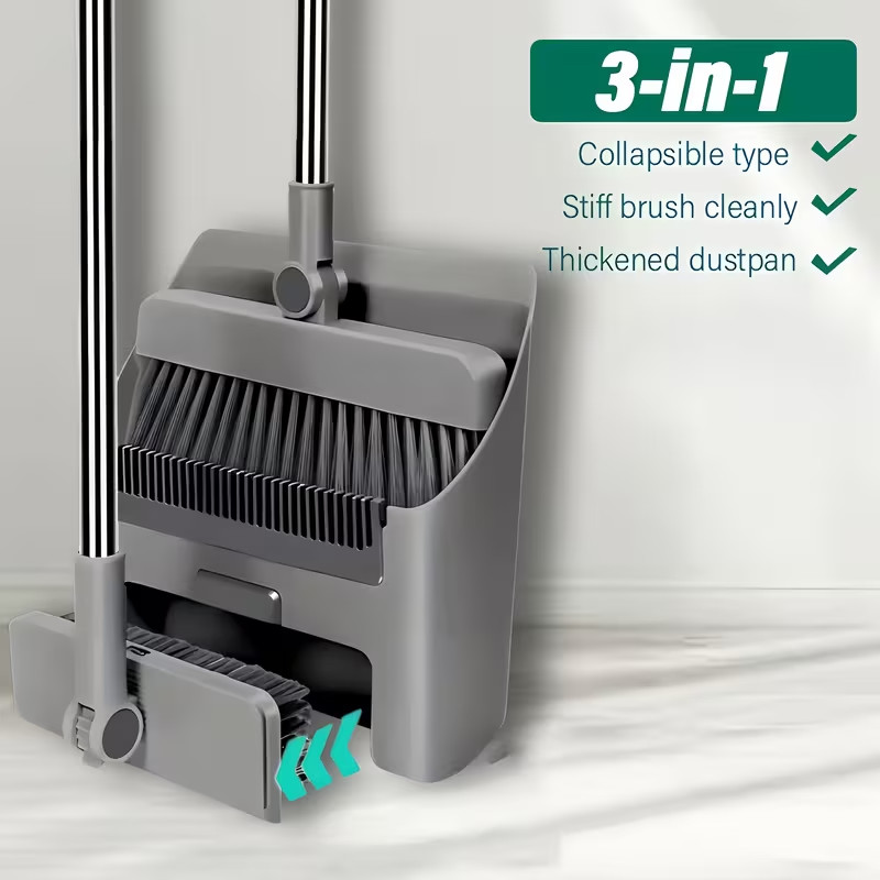 3-in-1 Long Handle Broom and Dustpan Set Foldable Upright Floor Sweeper