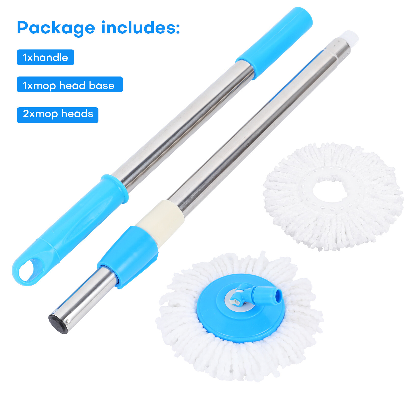 360° Rotating Spin Mop Handle Replacement Adjustable Pole 2 Microfiber Mop Heads