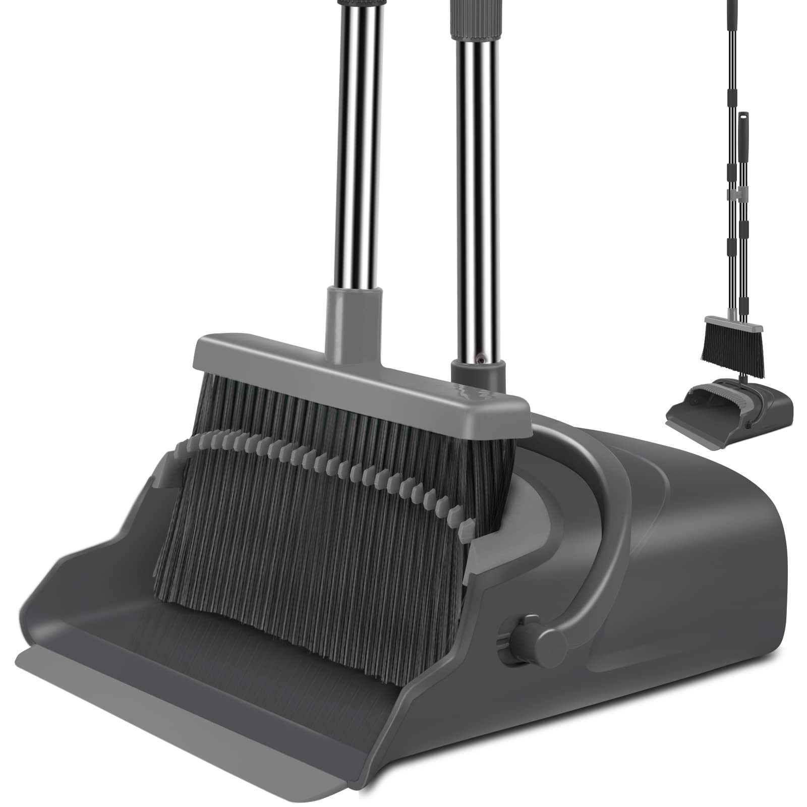Broom and Dustpan Set Upright Sweeping Combo with Self Cleaning Teeth for Home