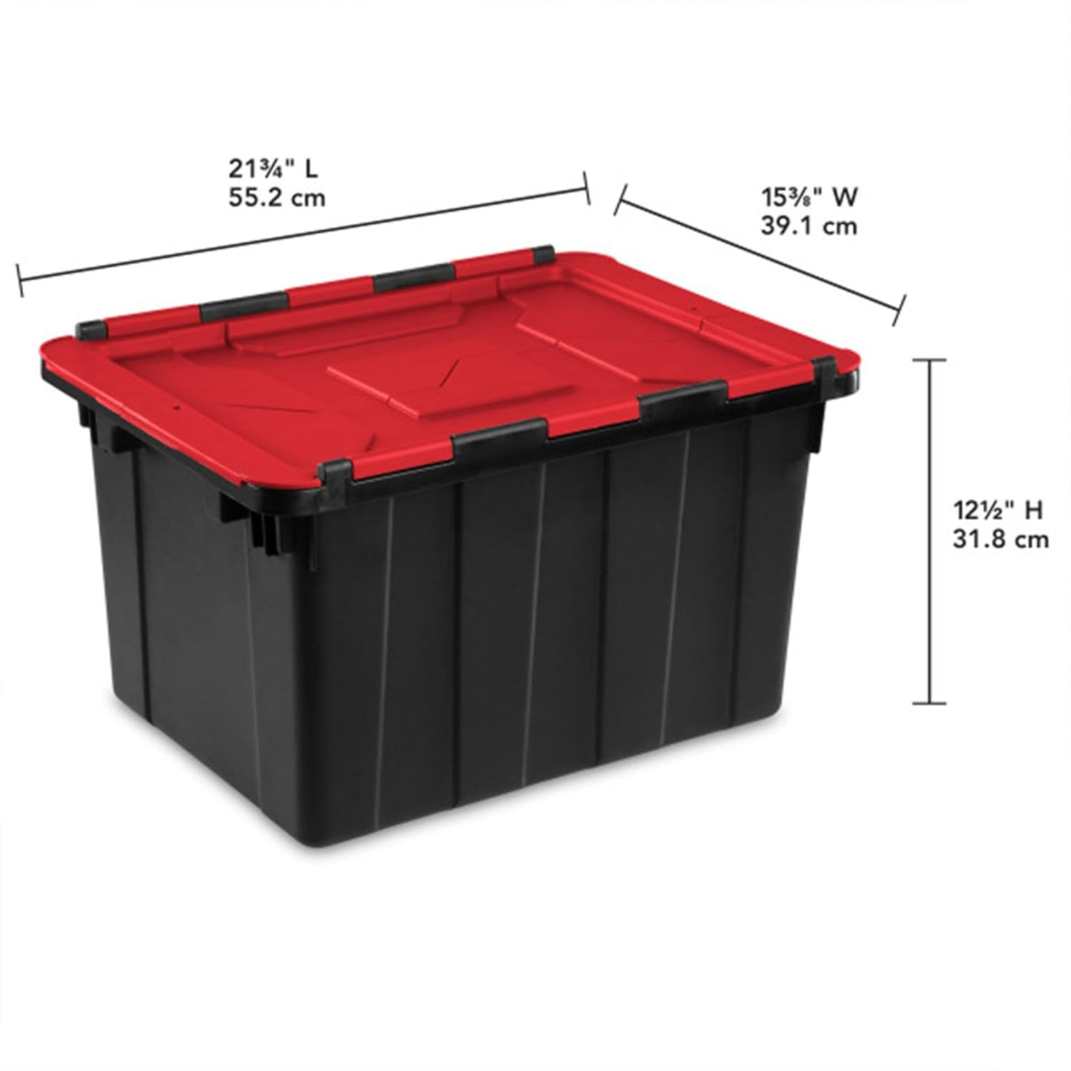 6 Pack Stackable 12 Gal Totes with Hinged Lids – Black/Red Storage Bins