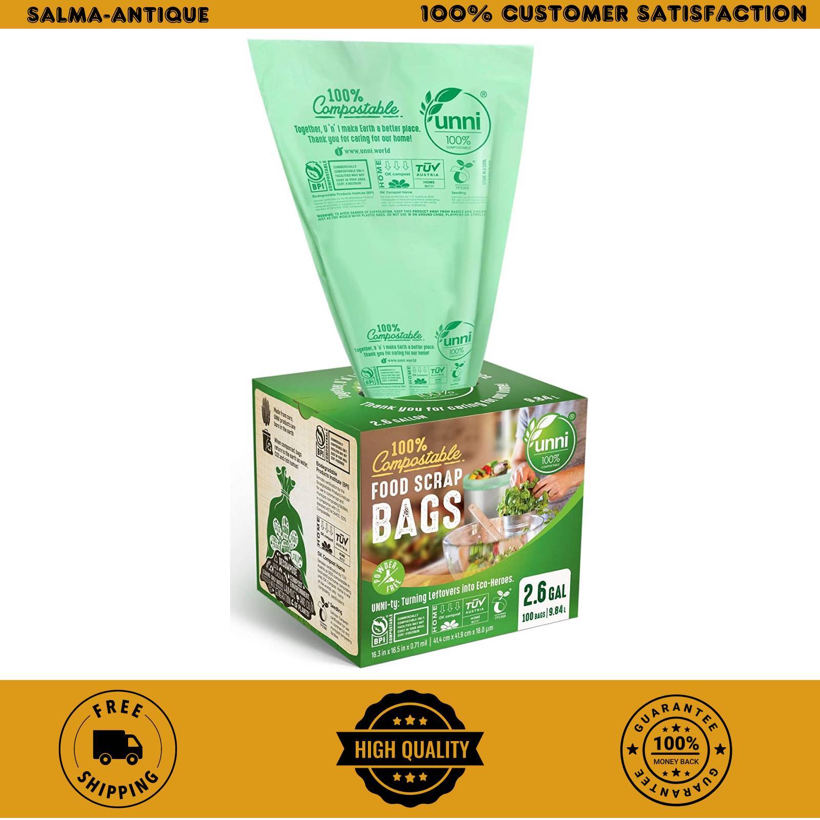 UNNI Compostable Liner Bags, 2.6 Gallon, 9.84 Liter, 100 Count, Extra Thick 0.71
