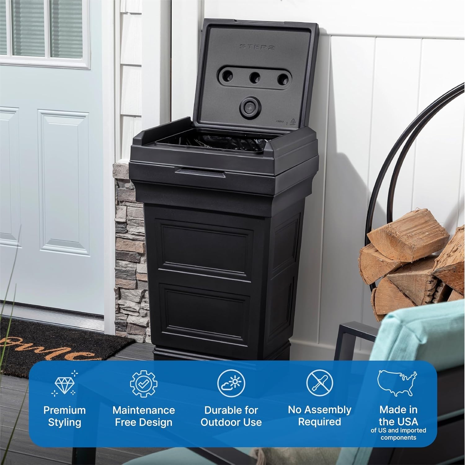 Elegant Onyx Black Trash Can, 39 Gallons – Indoor/Outdoor Use, Removable Lid