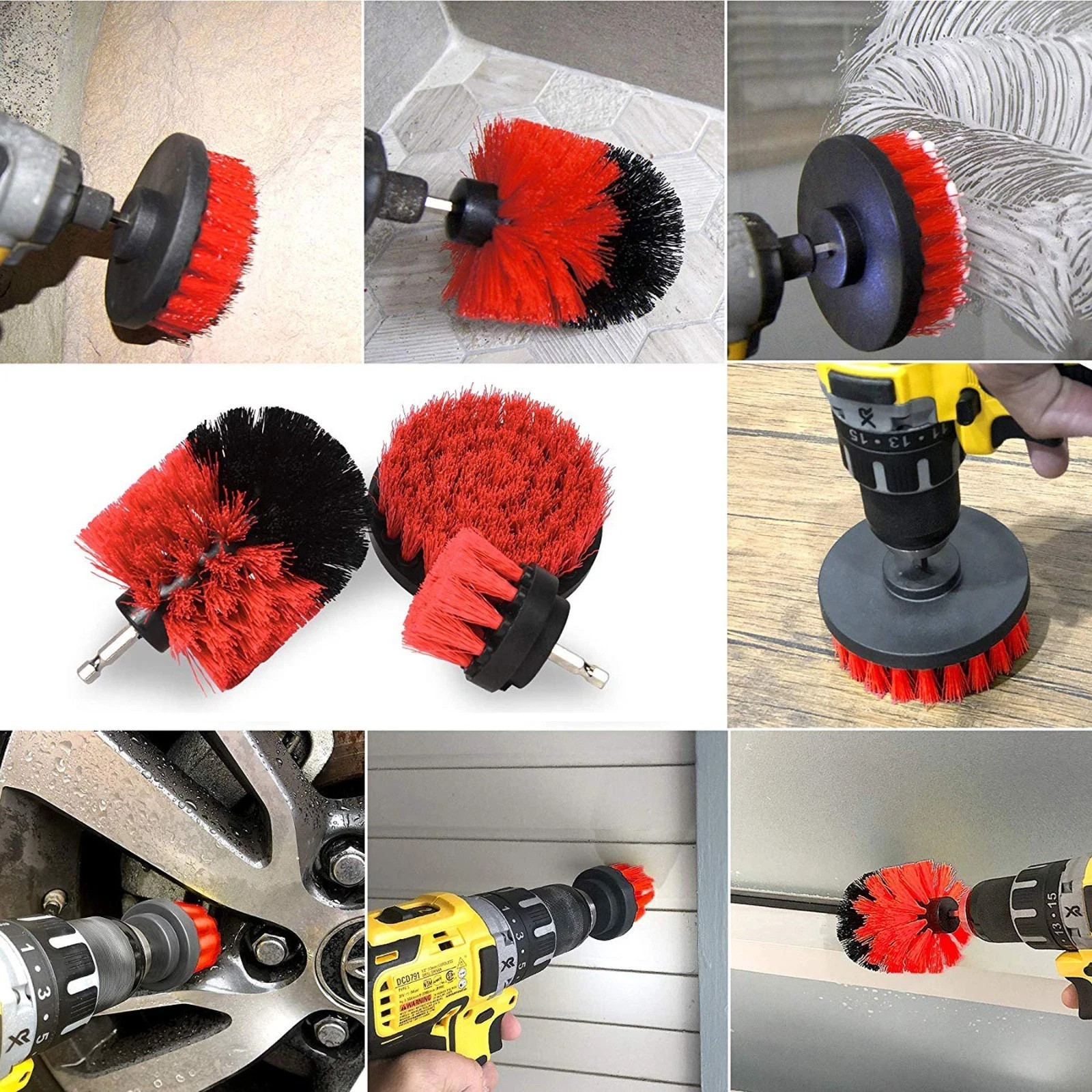 Red 6 Pack Drill Brush Attachment Scrubber Brushes Set Kit with Bit Extension