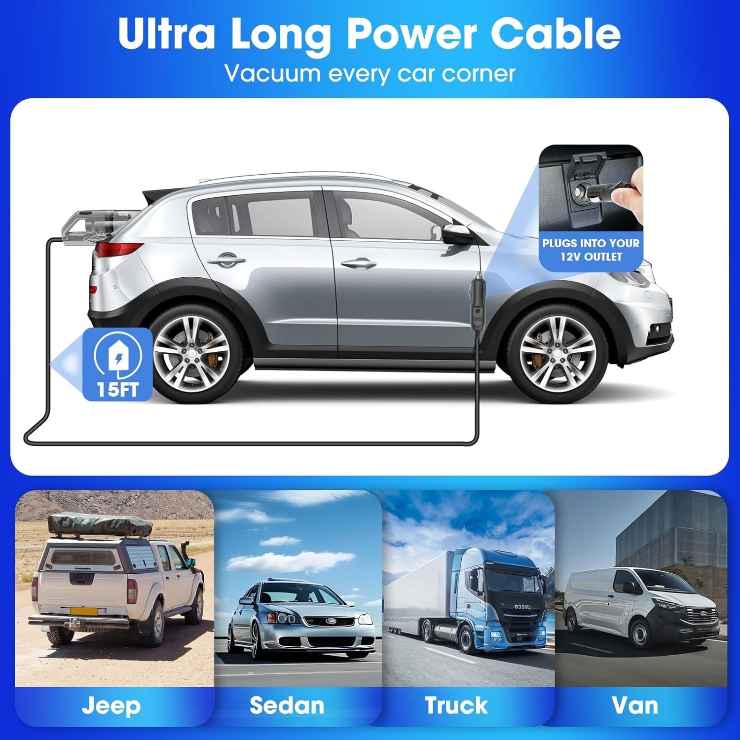 High Power Handheld Portable 15ft Corded Car Vacuum Cleaner 8000PA 12V 4 Nozzles