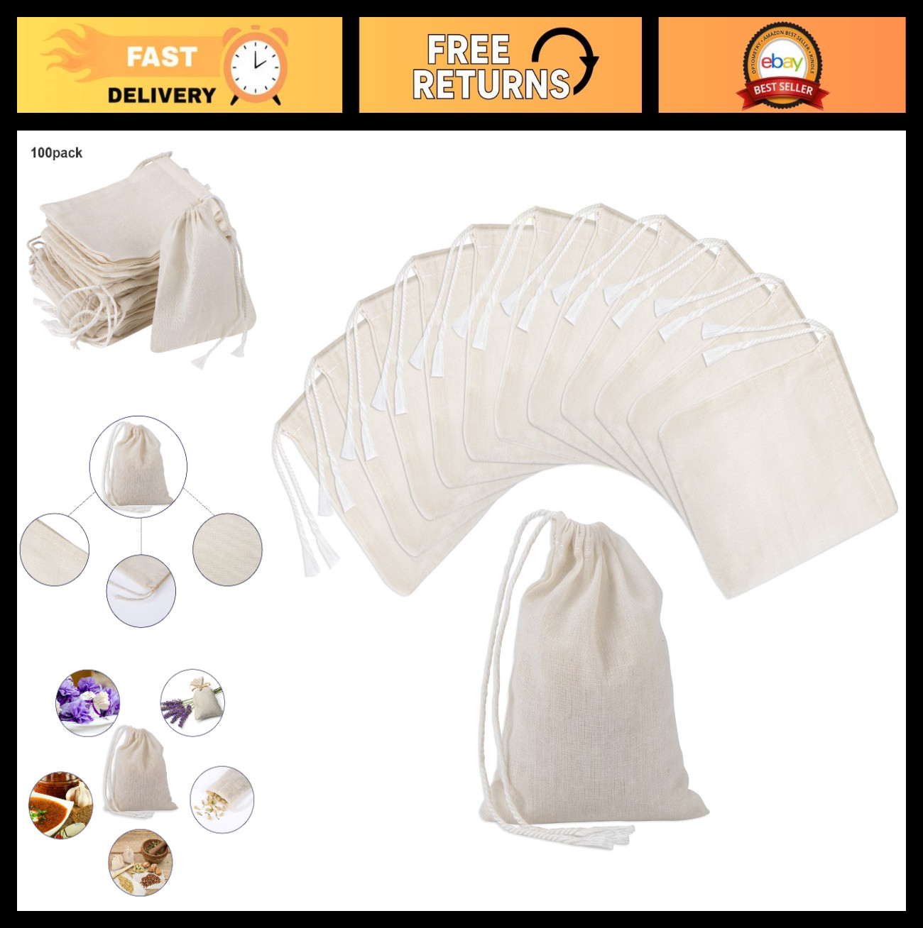 100 Muslin Cotton Drawstring Bags 4×3″ Reusable Sachets for Spices, Teas, Soaps,