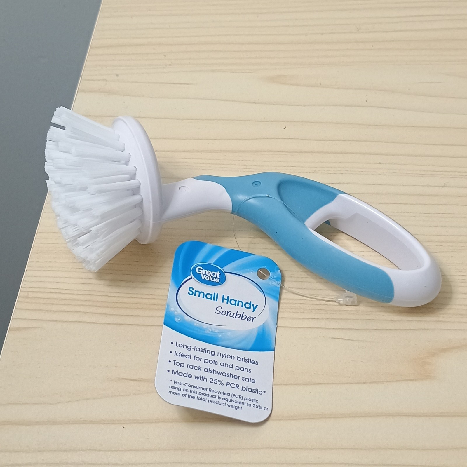 Great Value Small Handy Scrubber Brush Nylon Bristles Blue/White Dishwasher Safe