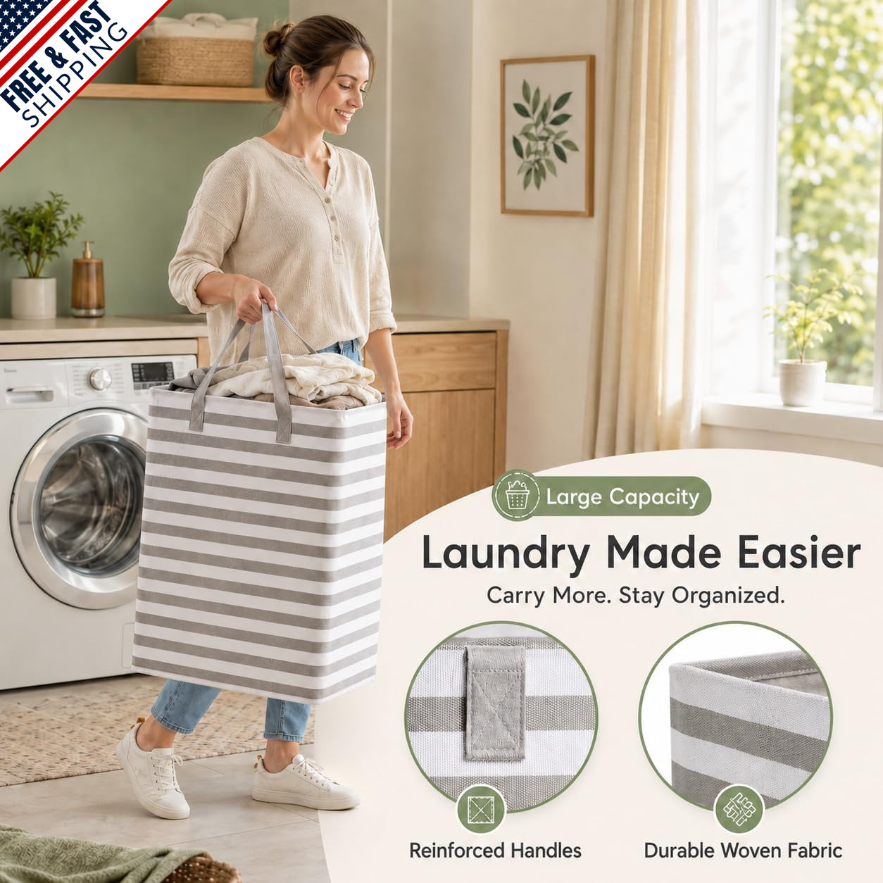 Large Waterproof Collapsible Laundry Baskets with Handles, 75L, Grey, 2 Pack