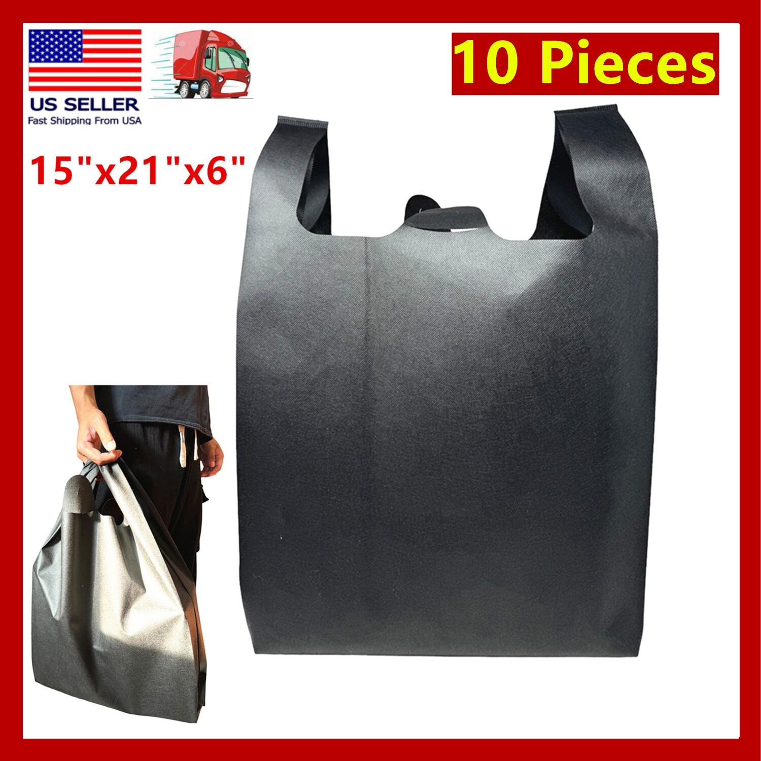 10Pcs Large Non Woven Reusable Grocery Shopping Tote Bags Recycled Black 15″x21″