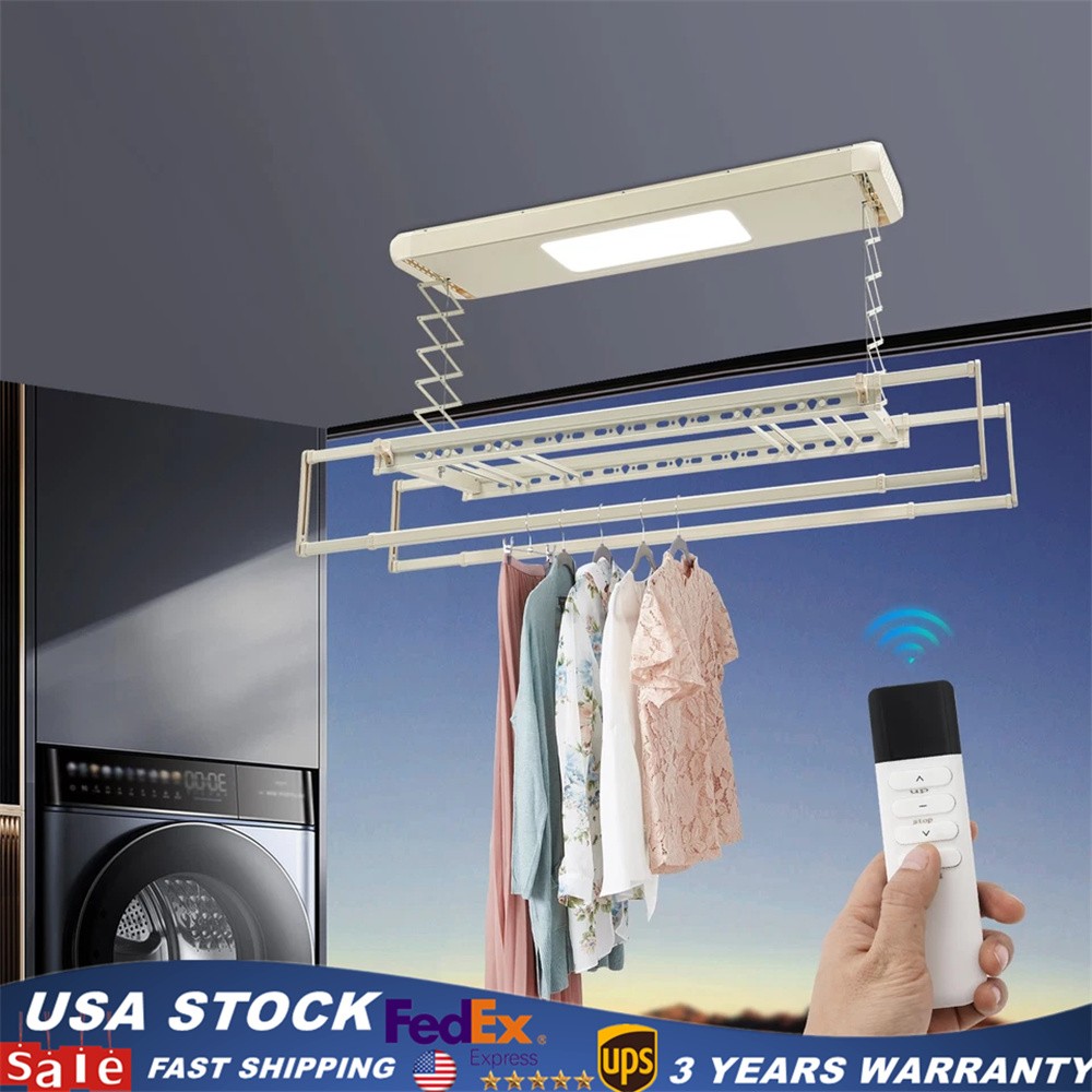 Electric Retractable Airing Rack Clothes Drying Rack W/ Remote Control & Light