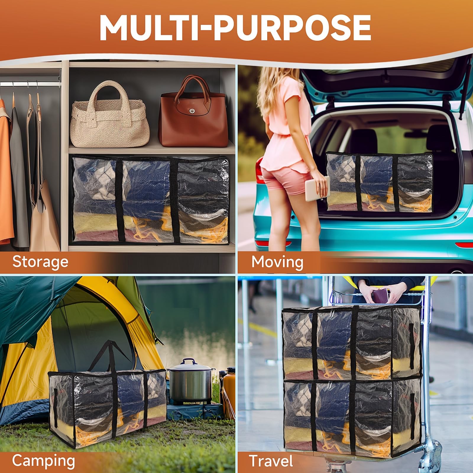 25.6 Gal Extra Large Moving Storage Bags Zippers Handles Heavy Duty 8 PCS