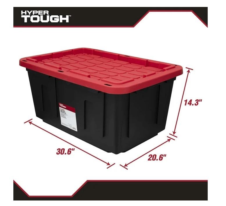 Hyper Tough 27 Gallon Large Storage Bin with Snap Lid, Black and Red, Heavy Duty