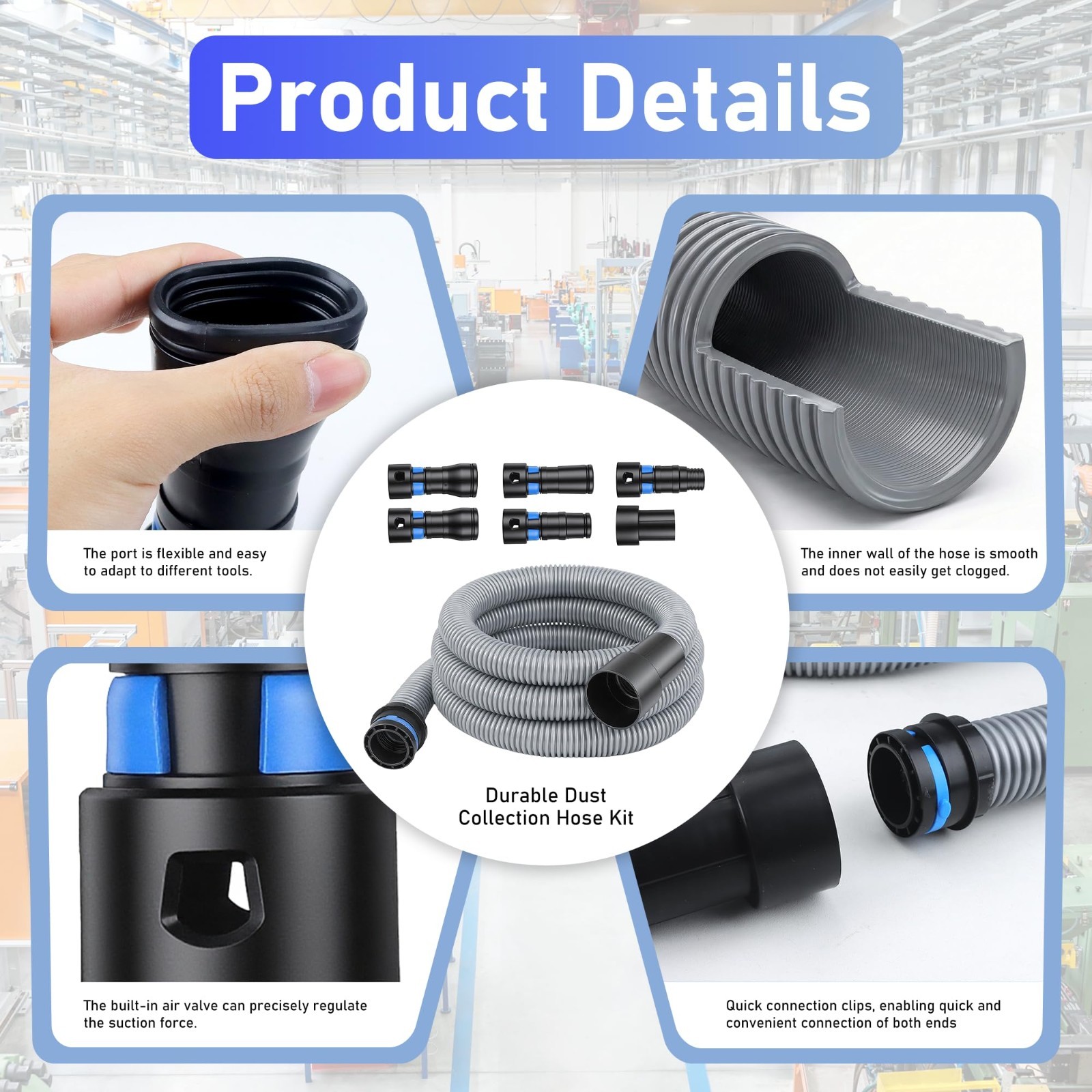 10FT Durable Dust Collection Hose Kit – Universal Fit for Shop Vacuums, 6-Piece