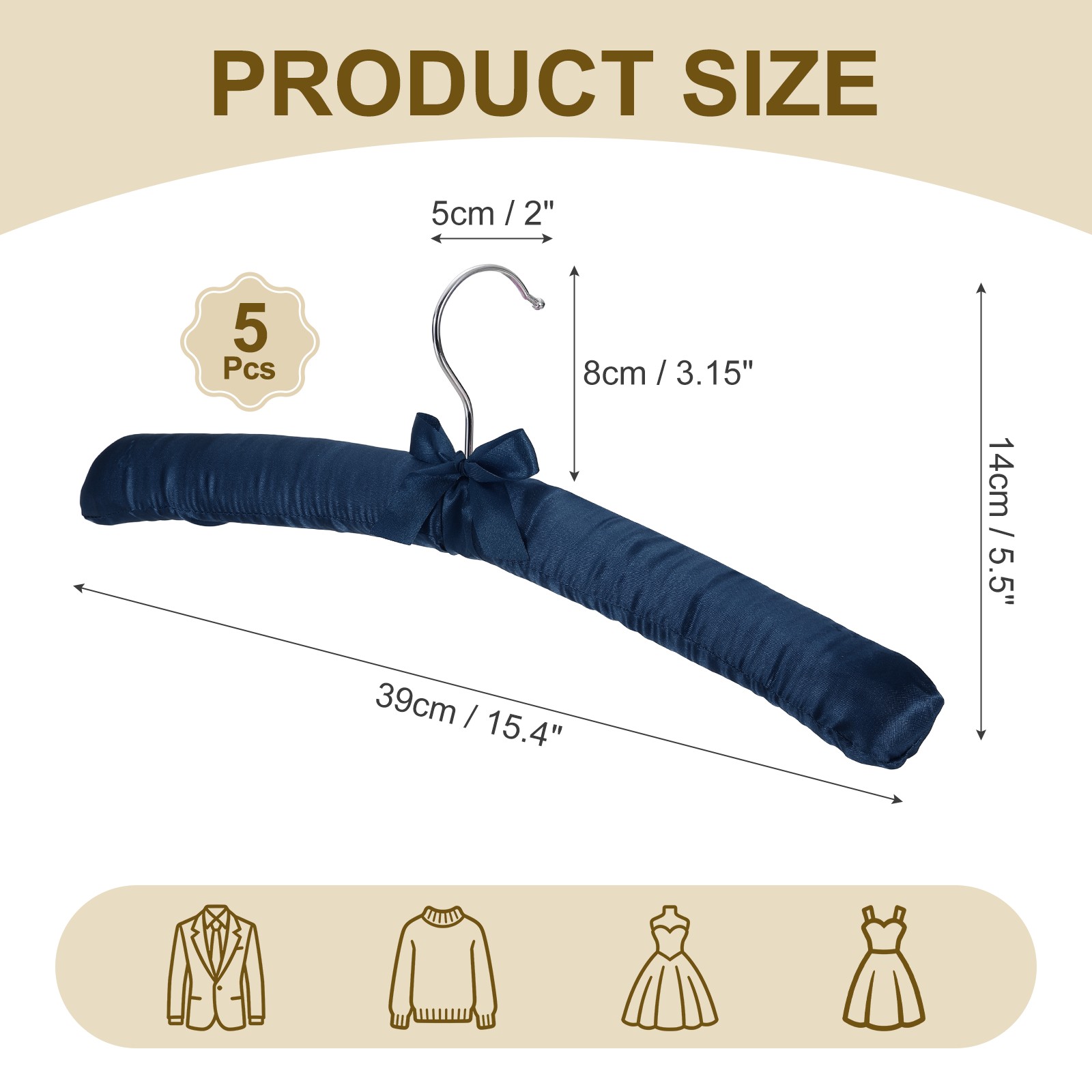 5Pcs Satin Padded Hangers 15 Inch Blouse Hangers for Women Dark Blue