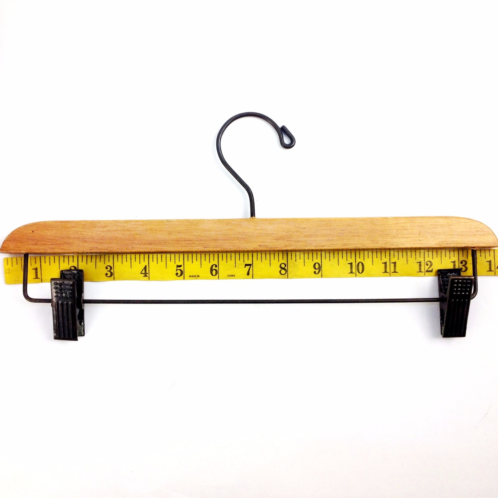 8 PANTS, SKIRT WOOD HANGER, W CLIPS, 14” LENGTH X .25 in THICKNESS, USED