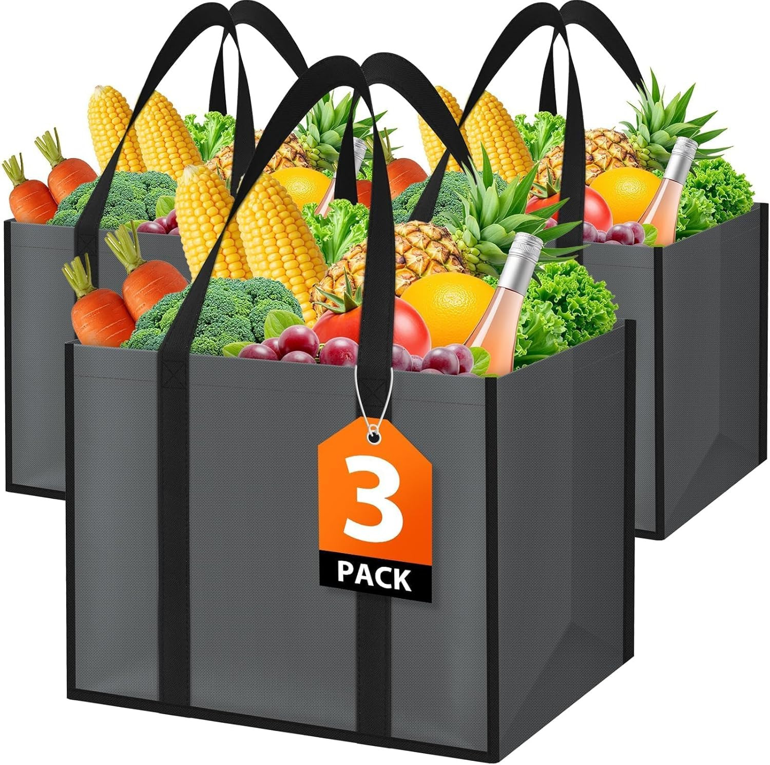 Reusable Grocery Bags with Handles – 3 Pack 35L Large Shopping Bags