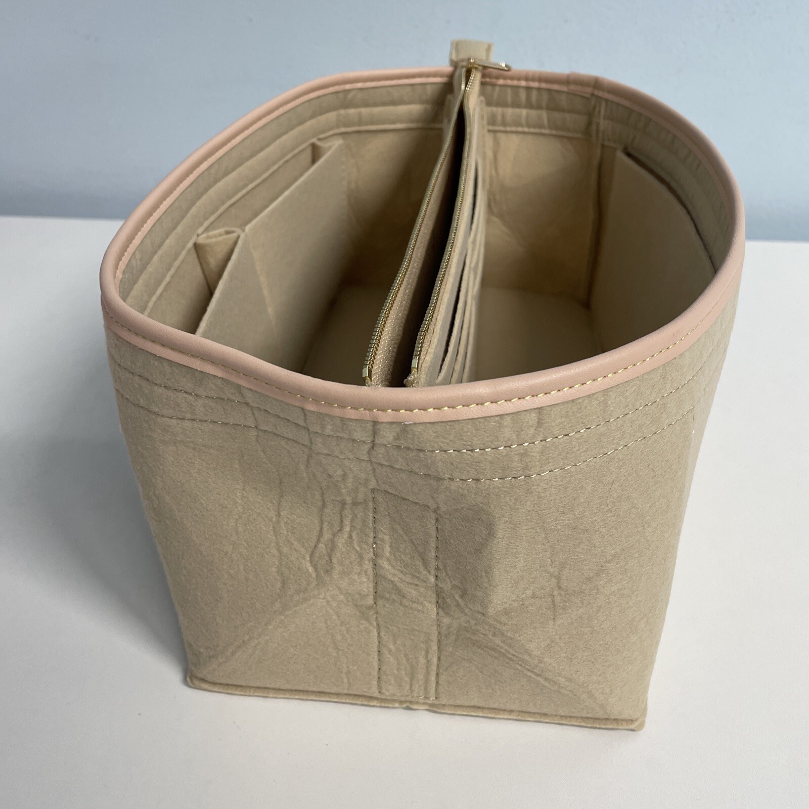 Collapsible Felt Organizing Basket with Zipper pocket 12Lx8.5 Wx5.5 H Tan/Pink/G