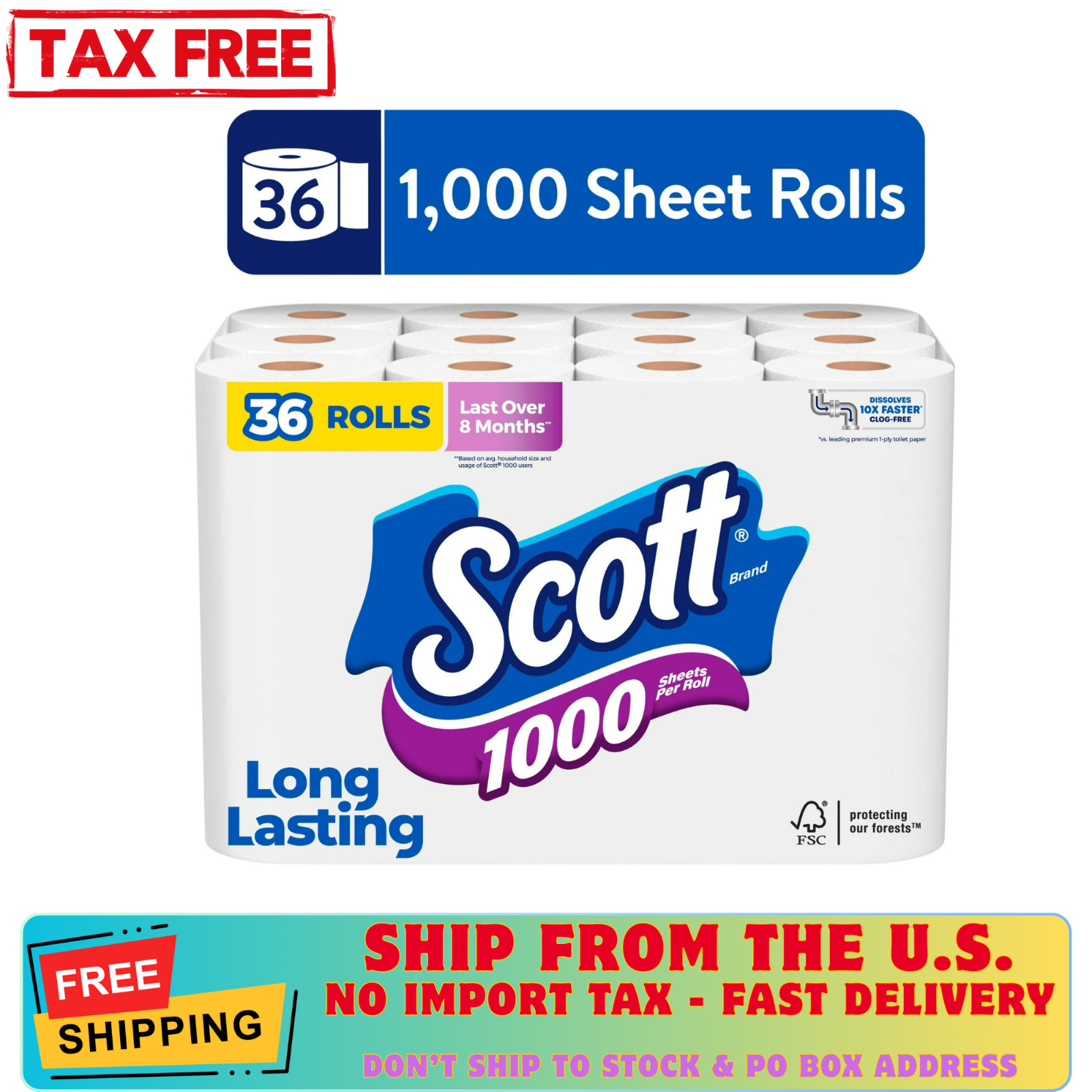 Scott 1000 Toilet Paper, 36 Rolls, 1,000 Sheets per Roll, FREESHIP!