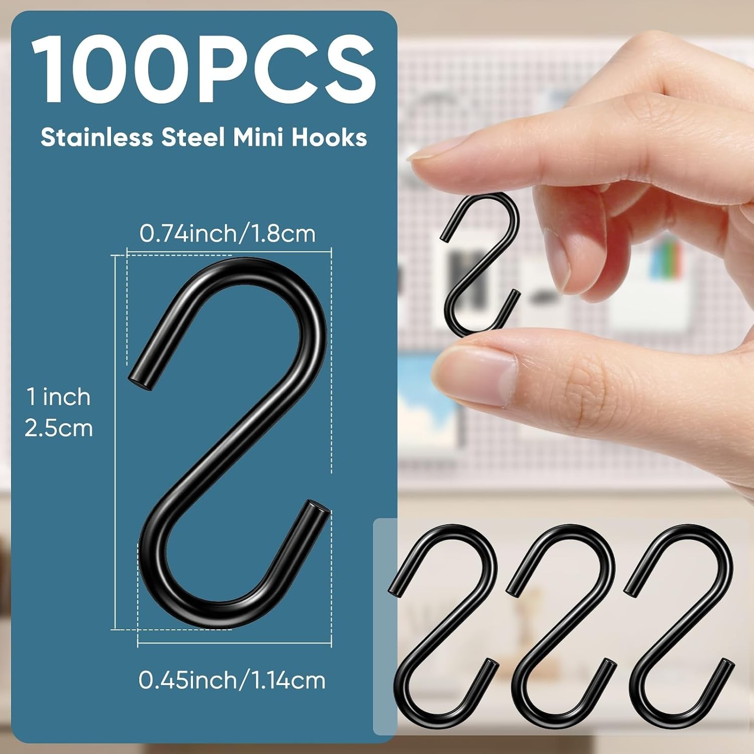 100PCS 1 Inch S Hooks, Mini Stainless Steel Black S Hooks for Hanging Plants, DI