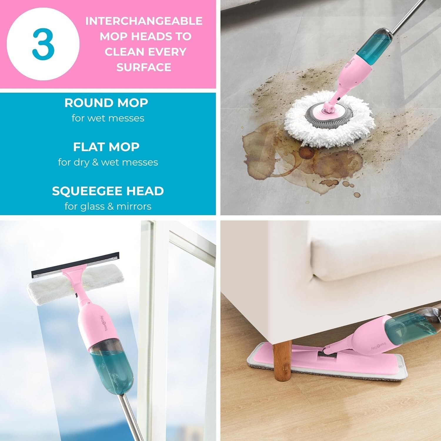 True & Tidy 360 Spray Mop with 3 Interchangeable heads, Pink