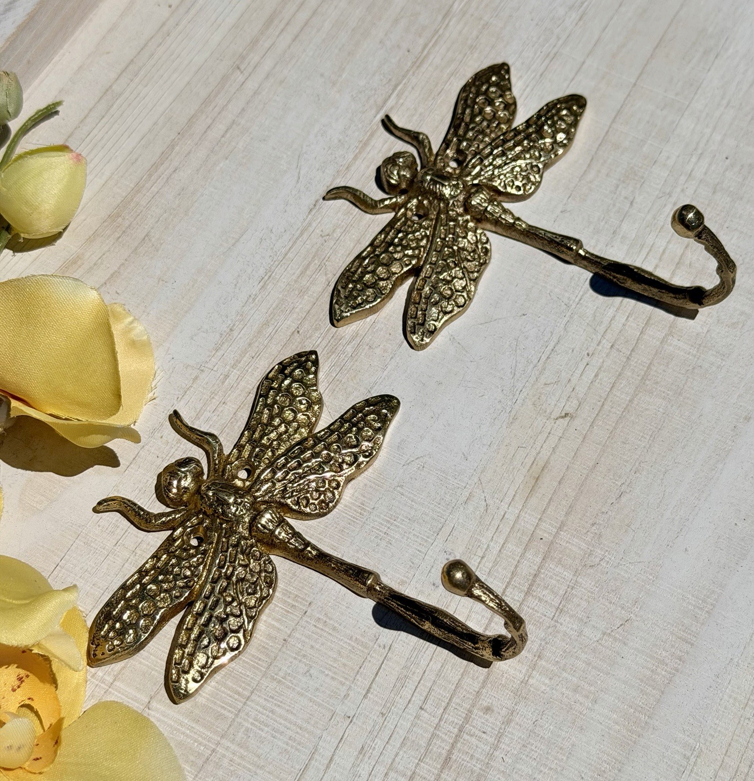Gold Metal Wall Hook Dragonfly Polished Finish Set of 2 Art Nouveau Wall Mounted
